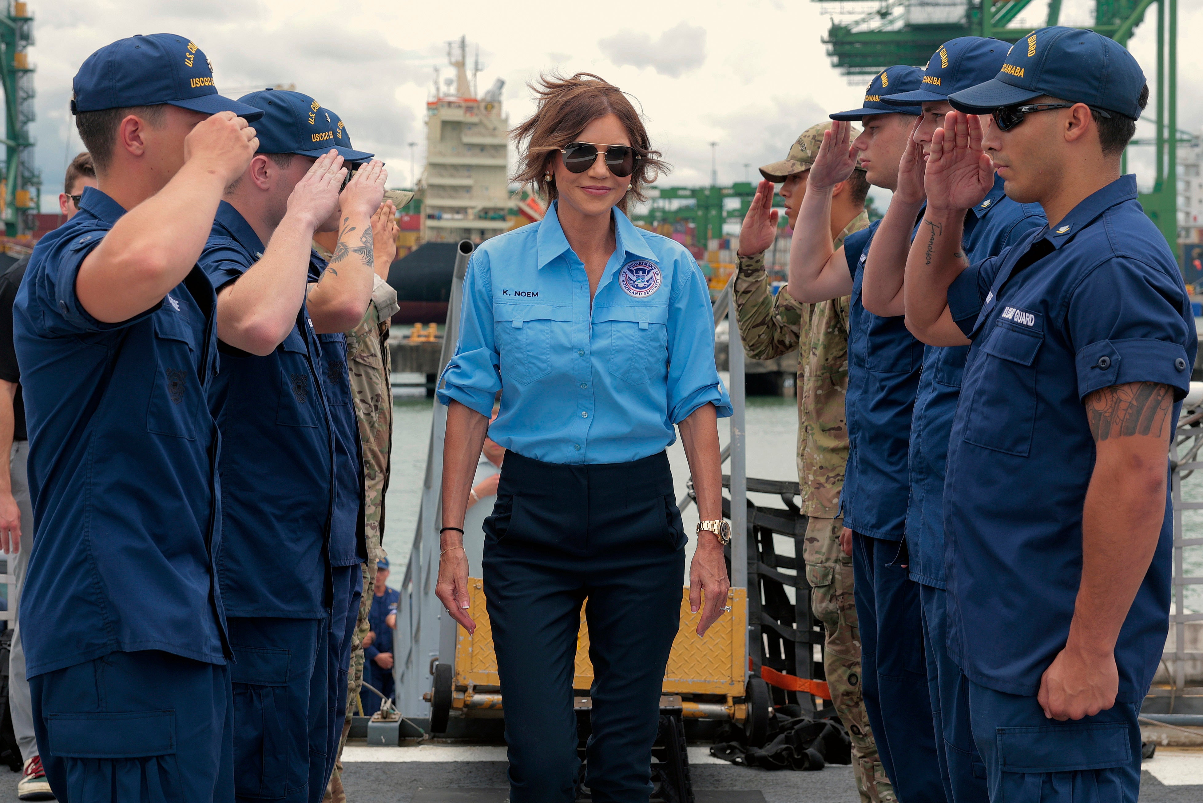 Former U.S. Homeland Security Secretary Kristi Noem boards the U.S. Coast Guard Cutter Escanaba for a meeting on drug interdiction in Panama last June.