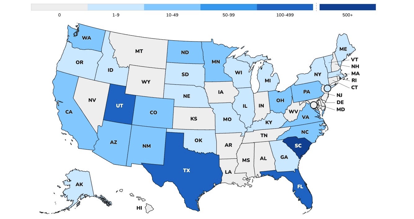A U.S. Centers for Disease Control and Prevention map shows measles hot spots in the U.S. this month. The darker the shade of blue in each state, the more cases confirmed among U.S. residents