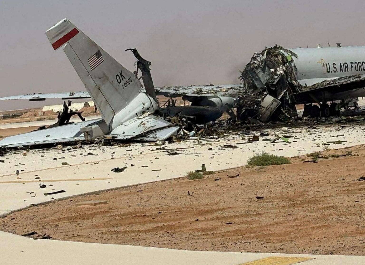 Images show a significantly damaged US Air Force E-3 Sentry aircraft after an Iranian strike on a Saudi Arabian air base on March 27
