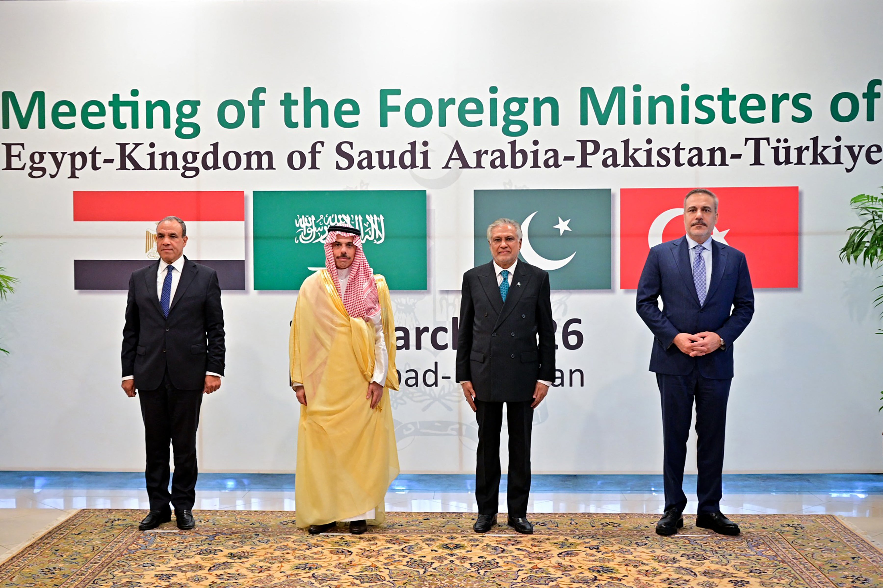 Foreign ministers Badr Abdelatty of Egypt, left, Faisal bin Farhan of Saudi Arabia, Ishaq Dar of Pakistan, and Hakan Fidan of Turkey pose before their meeting in Islamabad on 29 March 2026