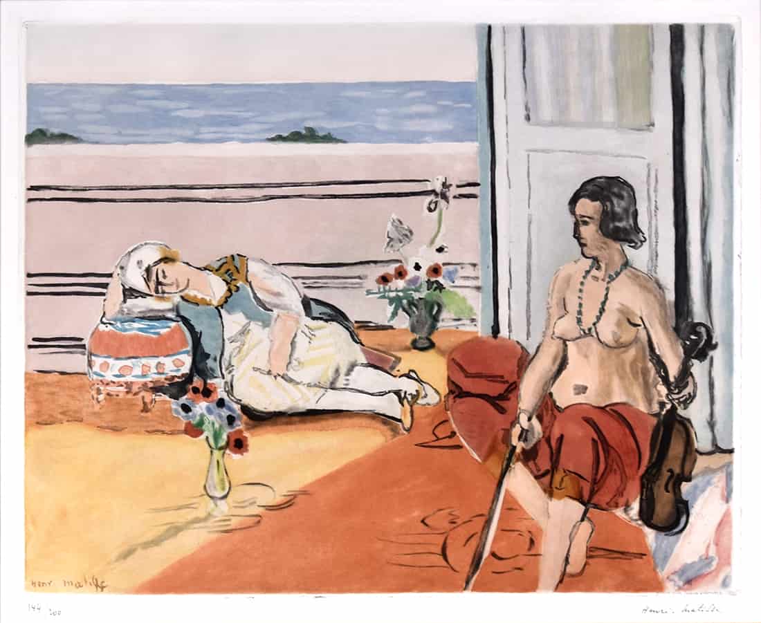 ‘Odalisque on the Terrace’, painted by Matisse in 1922, portrays two figures - one reclining in the sun while another holds a violin