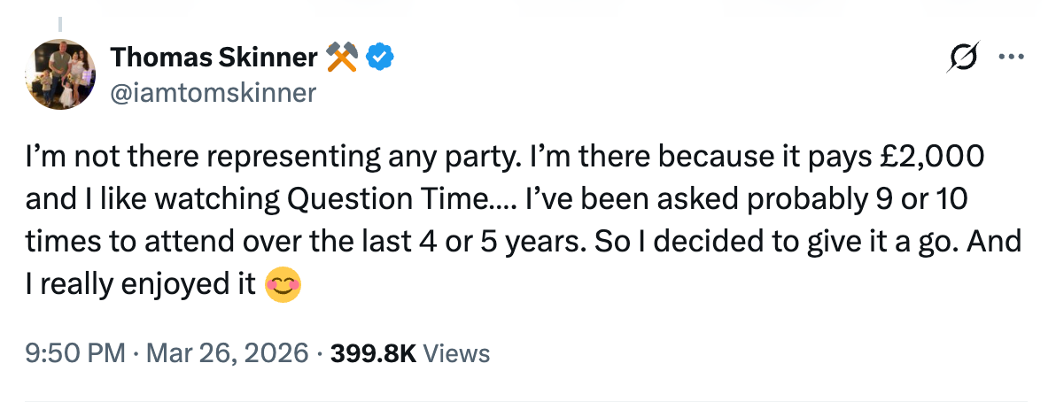 Thomas Skinner ha affermato di essere stato pagato £ 2.000 per apparire in 