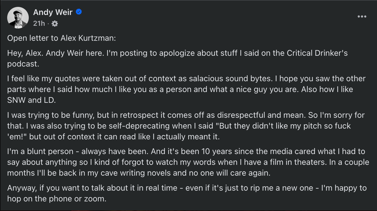 Andy Weir ha detto al produttore esecutivo di Star Trek, Alex Kurtzman, che stava