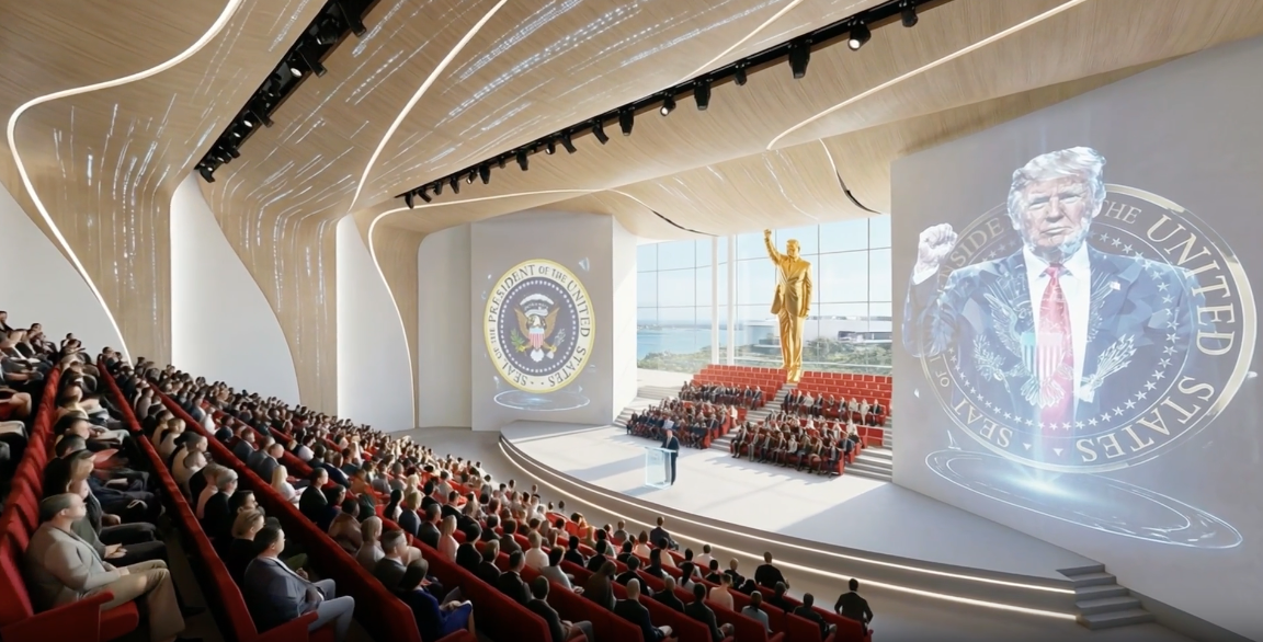 A modern-looking theater or lecture hall can be seen in the promotional video, showing a massive gold statue of Trump holding his fist in the air
