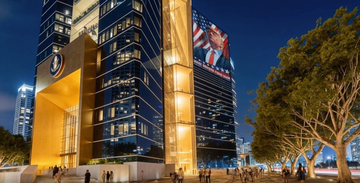 Gold can be seen covering much of the massive tower, including surrounding both of its entrances