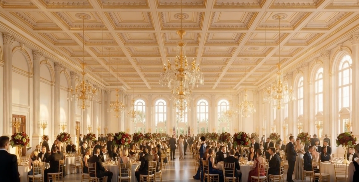 The video also showed a massive ballroom that appears to be a recreation of the ballroom currently under construction at the White House
