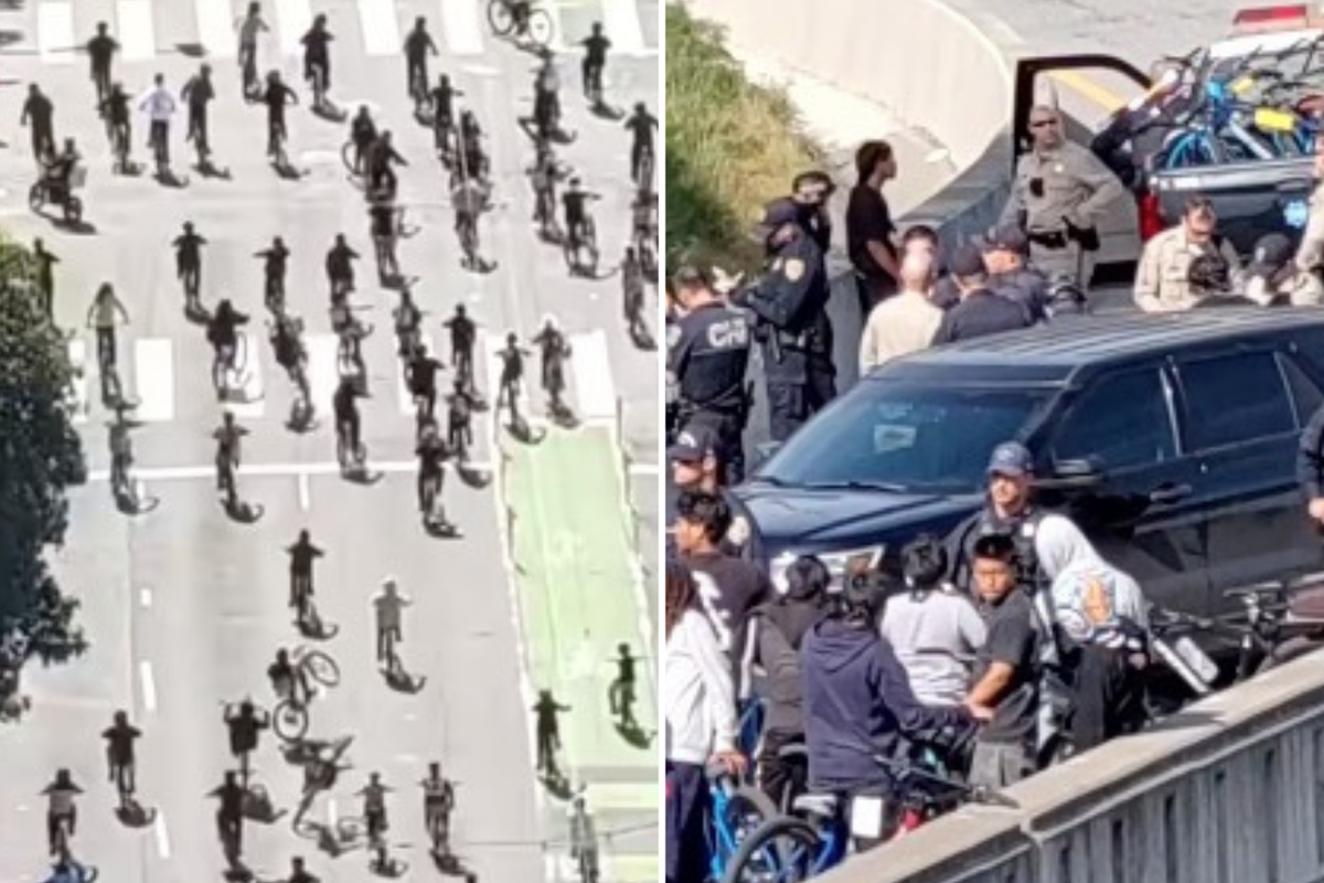 Polis tarafından kuşatılan San Francisco Körfez Köprüsü'nü ele geçirmeyi planlayan 80'den fazla bisikletçi