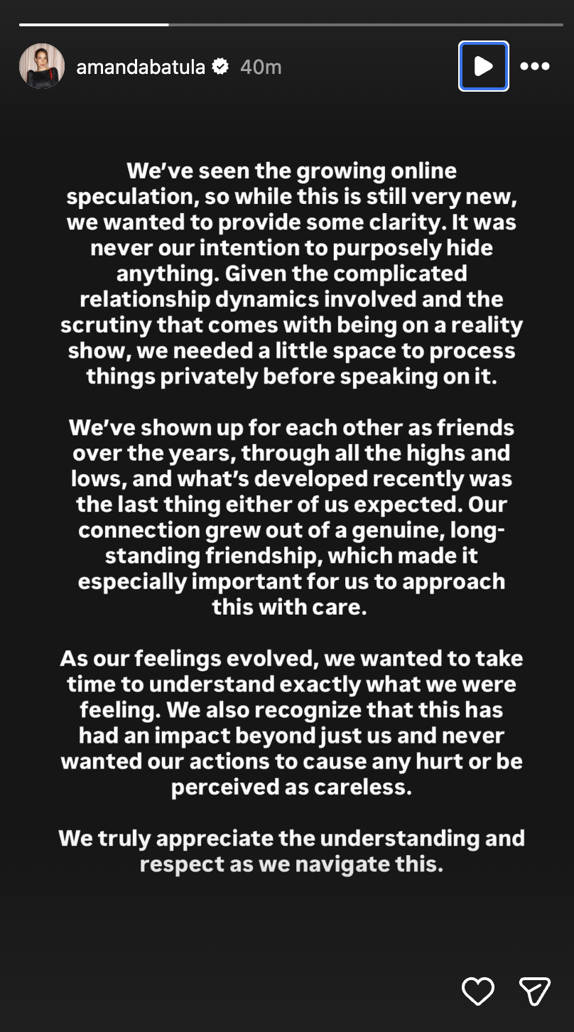 Amanda Batula and West Wilson shared the same statement on their respective Instagram stories