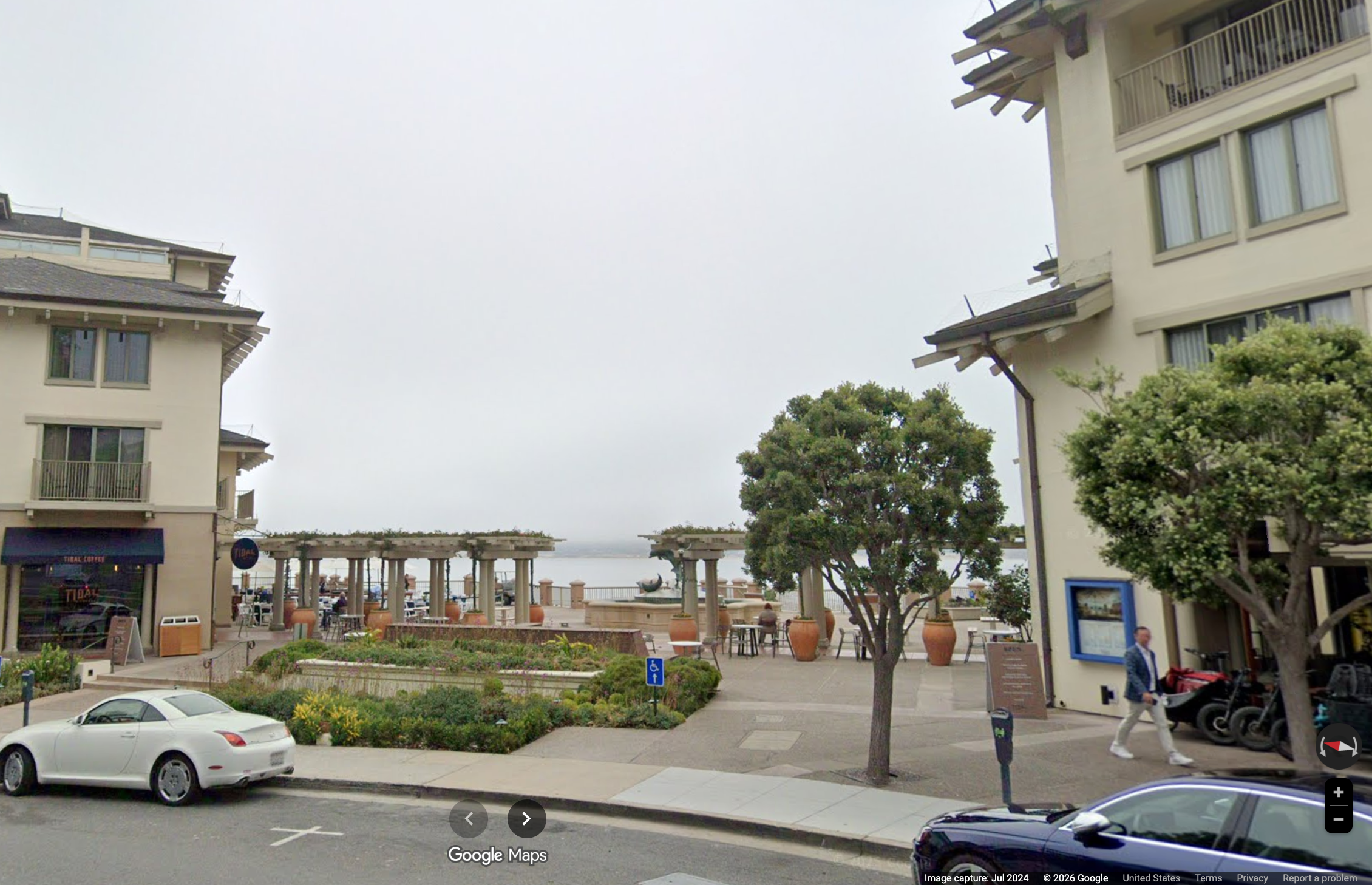 A view of a patio area behind the Monterey Plaza Hotel and Spa in Monterey, California. A man allegedly fleeing police after a bar fight elsewhere in the Cannery Row district leapt over a railing near the hotel and fell approximately two stories to the rocky beach below. He ultimately died from his injuries later the same day