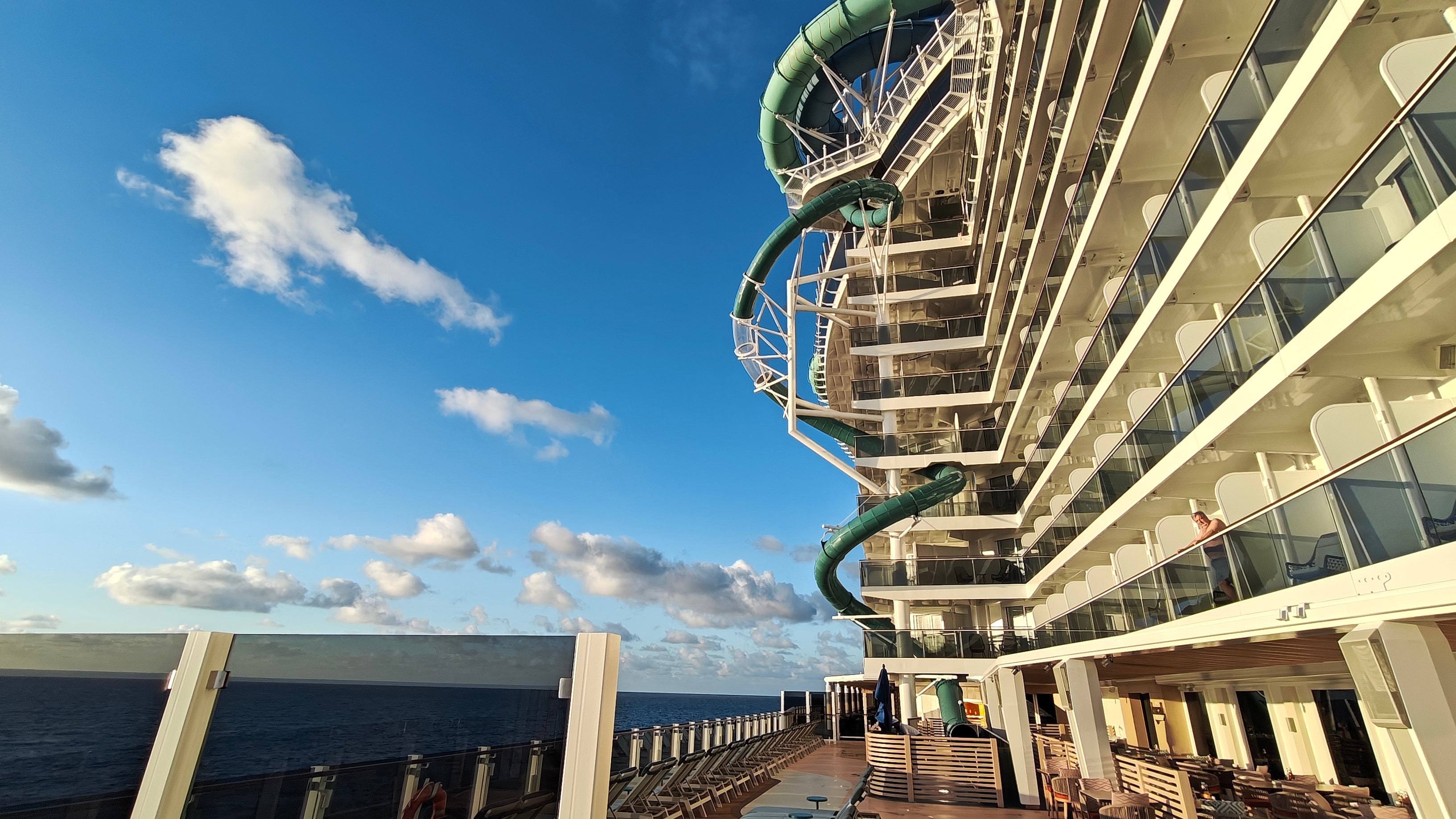 The Drop dry slide takes adventurous guests down 10 decks on the side of the ship