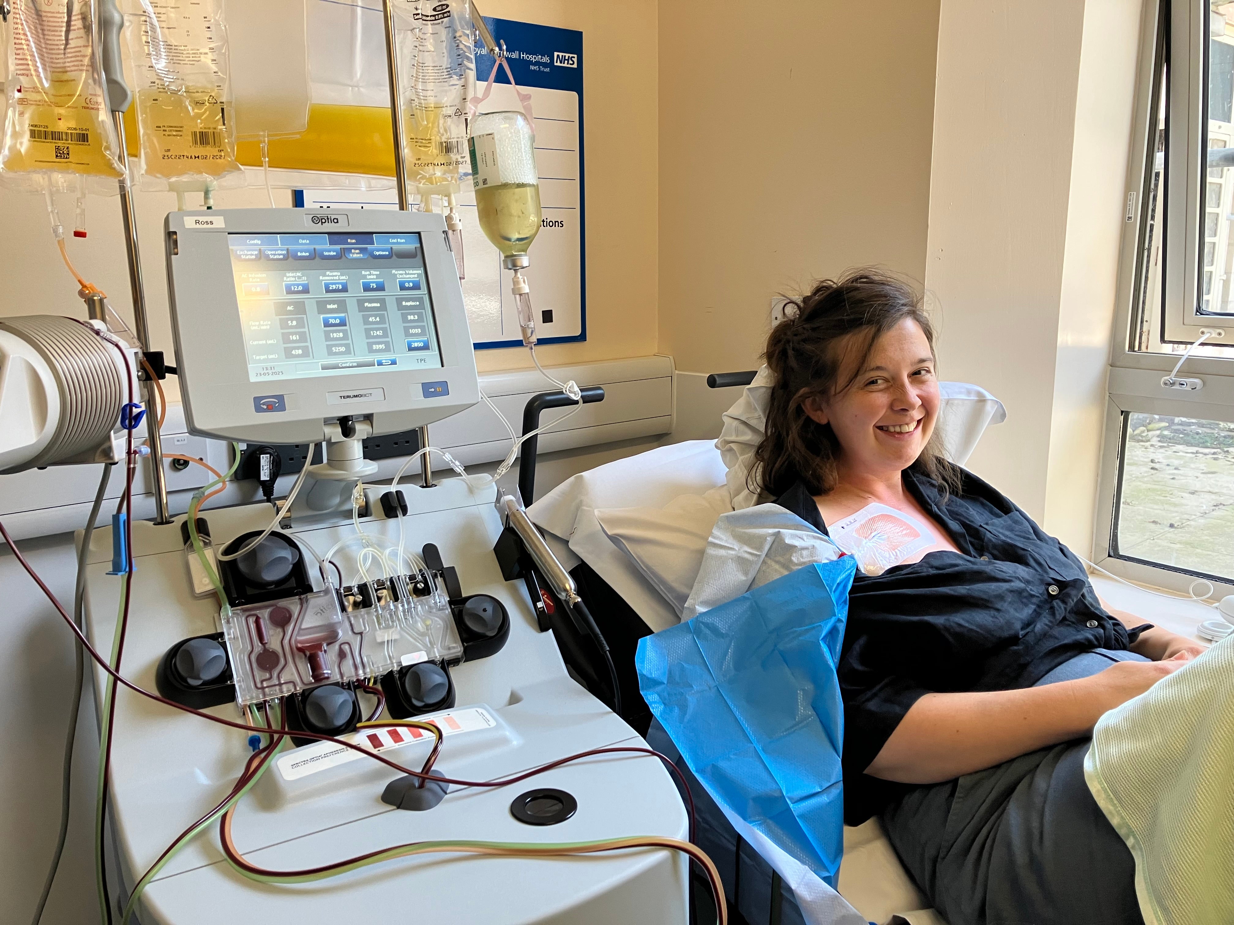 Medics arranged a plasma exchange for Ms Kent-Hazledine which was carried out by a new service run by NHS Blood and Transplant (NHSBT) in the south west