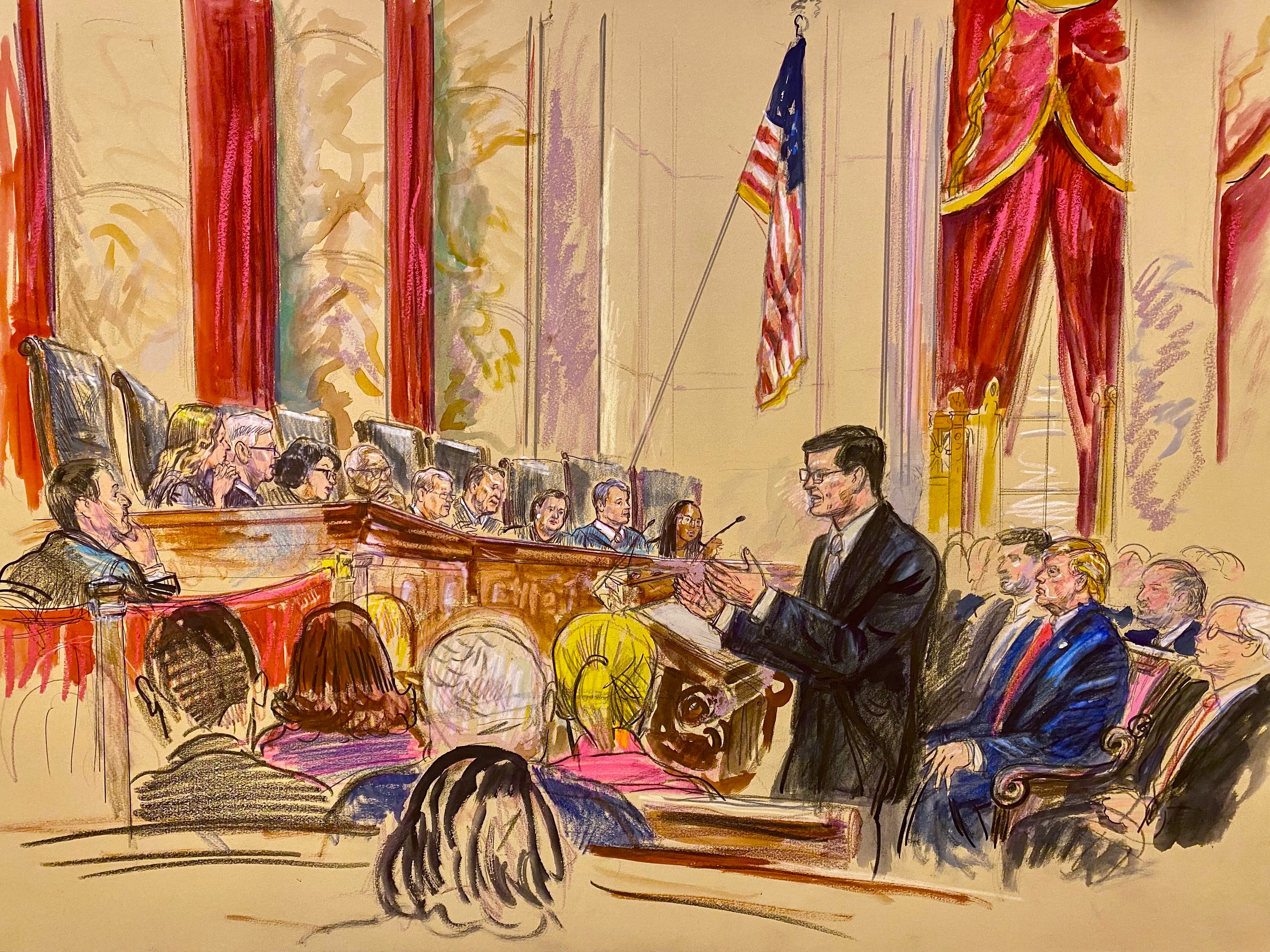 A courtroom sketch depicts Donald Trump watching oral arguments at the Supreme Court on April 1 as justices review his executive order to limit birthright citizenship by redefining the scope of the 14th amendment