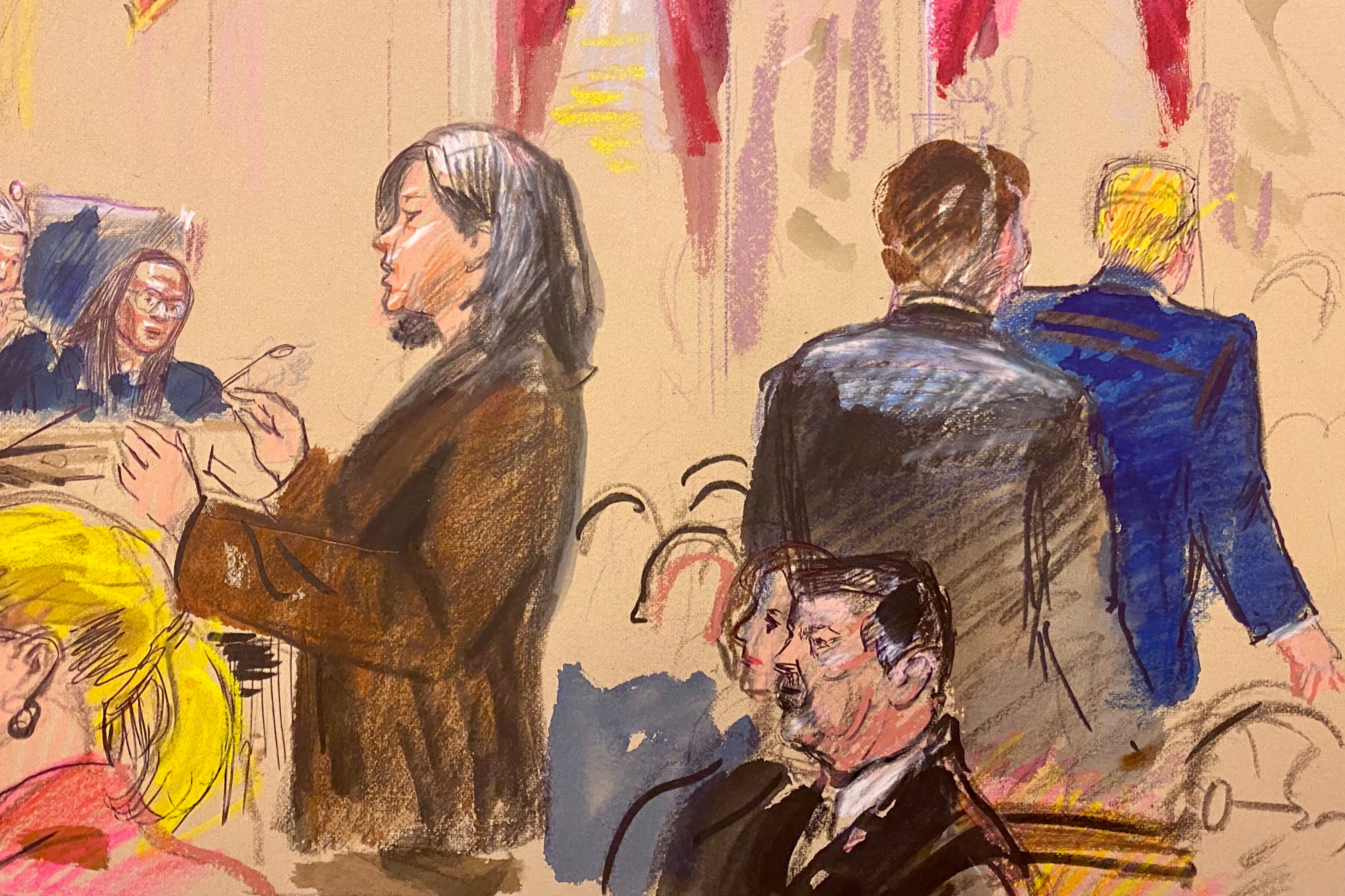 A sketch depicts Trump abruptly leaving the court in the middle of ACLU attorney Cecillia Wang’s arguments against the president’s order
