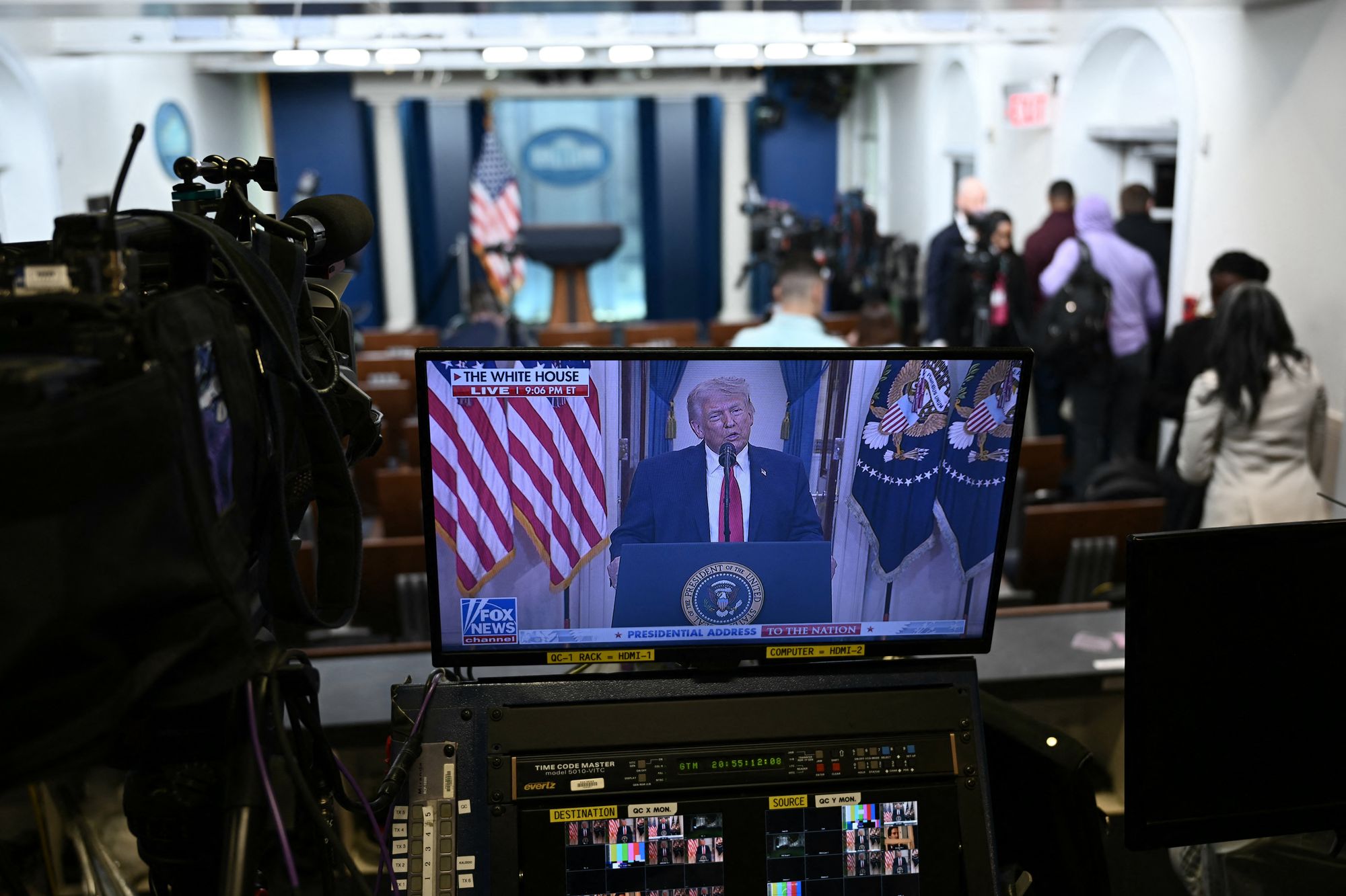 The televised address as seen at the James Brady Press Briefing Room of the White House in Washington, DC on April 1, 2026.