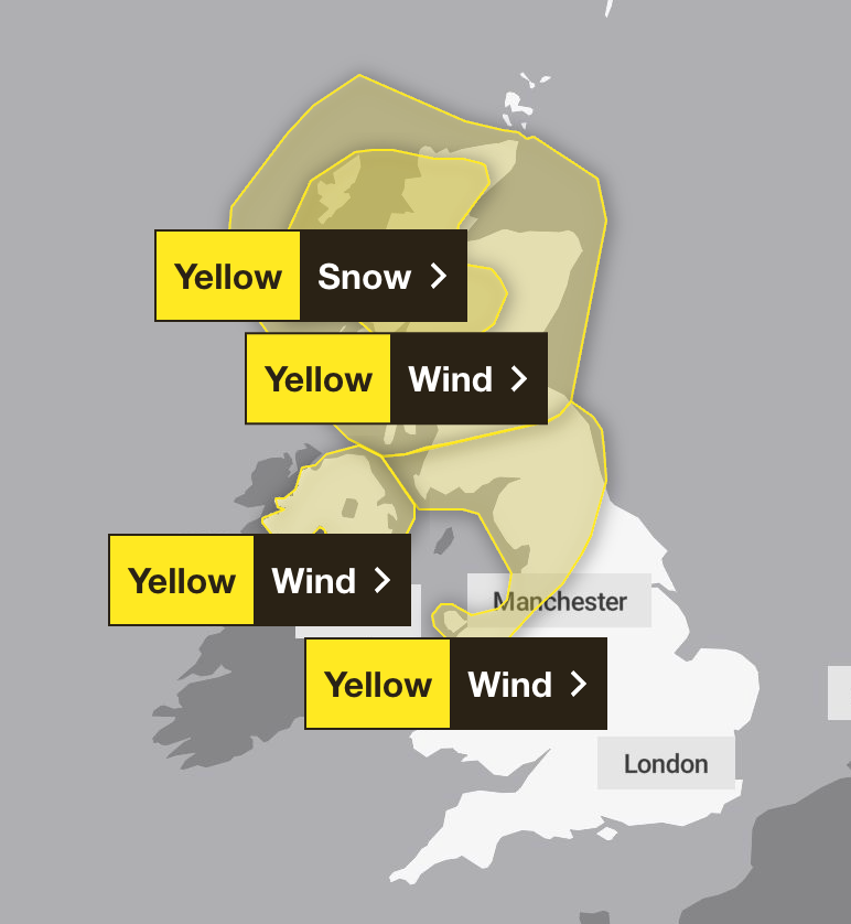 There will be four yellow weather warnings in place across the UK on Saturday