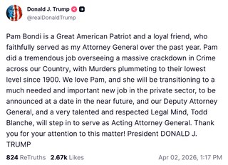 The president called Bondi a 'Great American Patriot and a loyal friend'