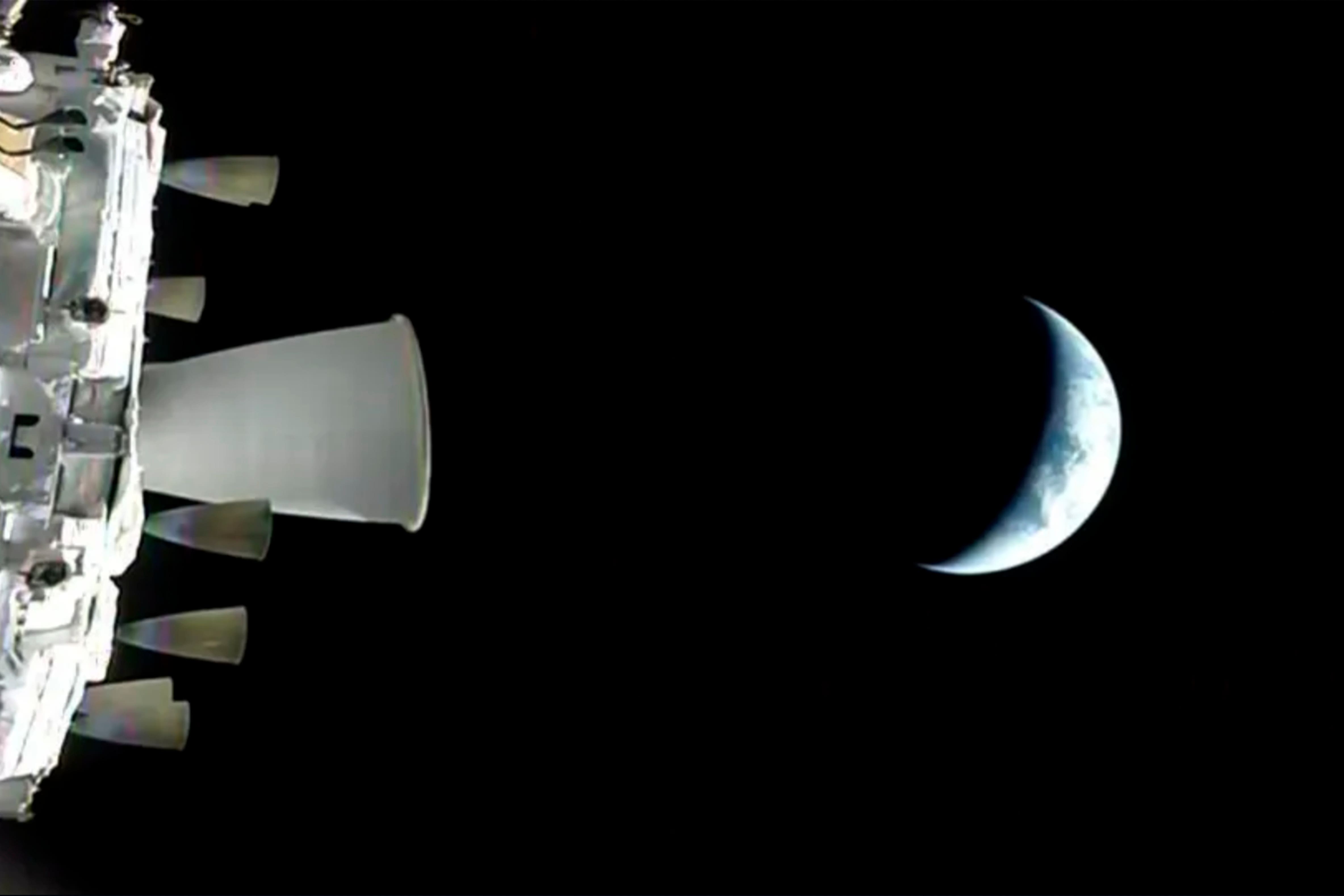 Nasa’s Orion spacecraft as it orbits above the planet during the Artemis II test flight (Nasa/AP)