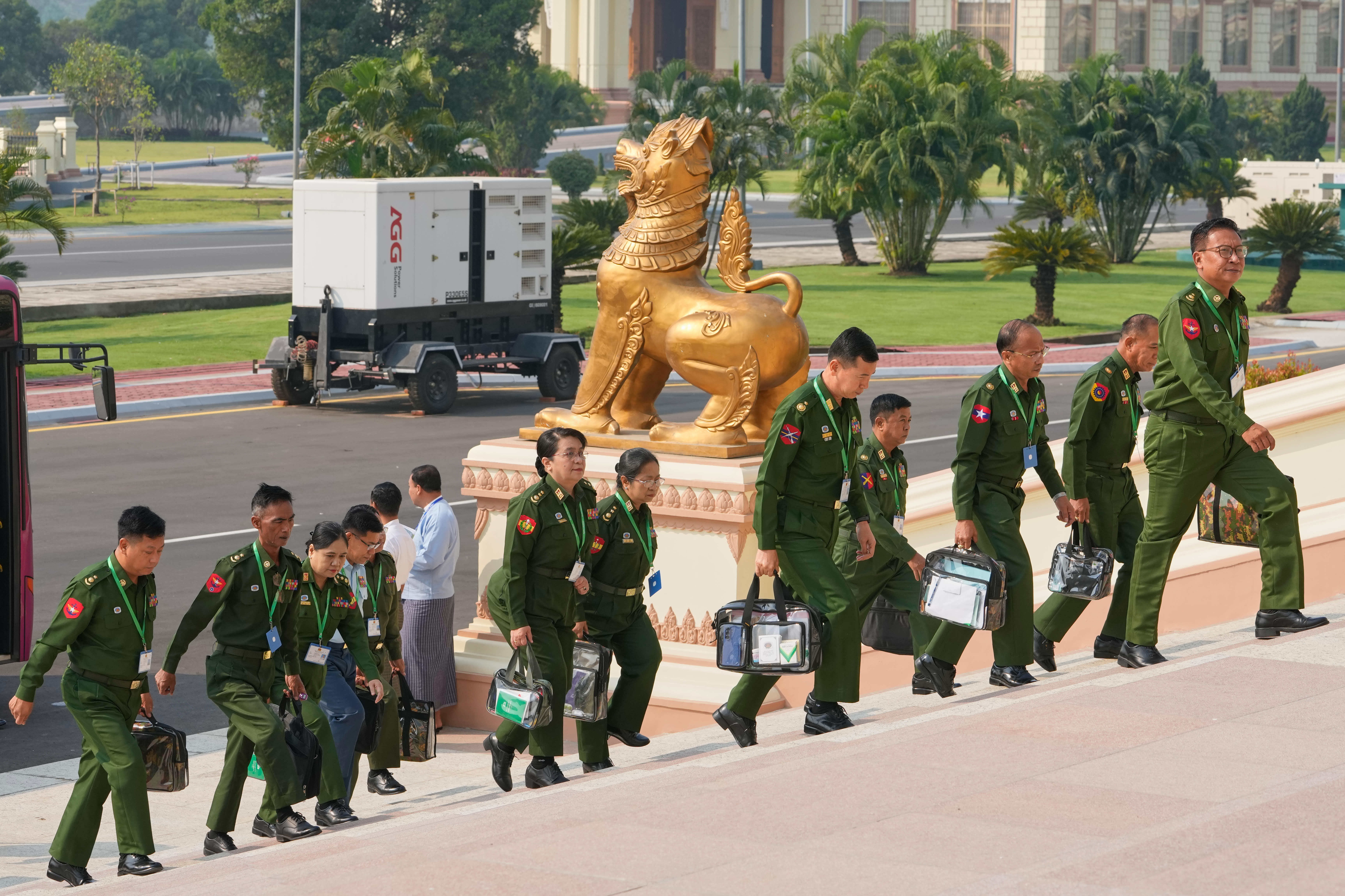 Myanmar's military representatives arrive for a session at Union parliament in Naypyitaw, Myanmar, Friday, 3 April 2026