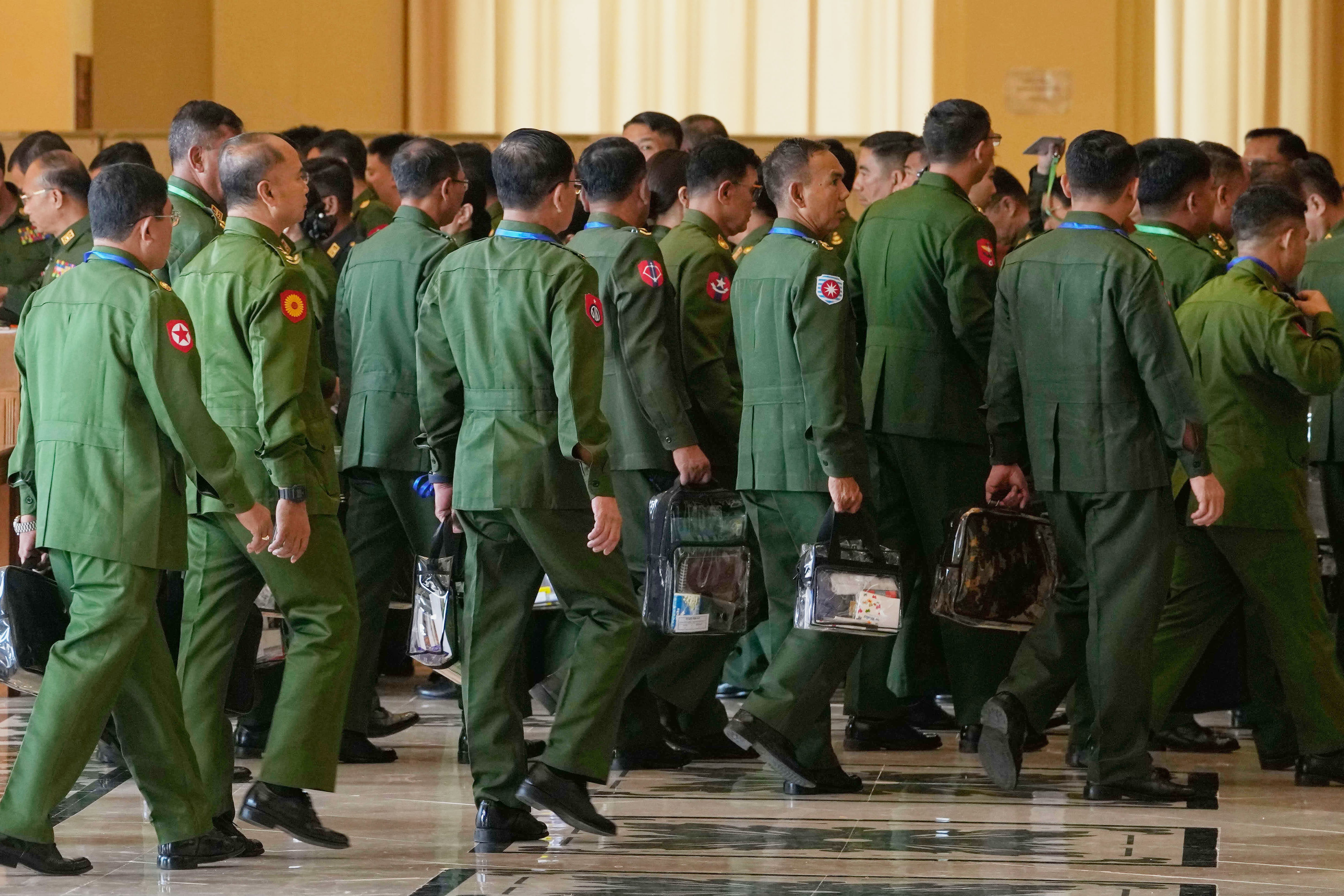 Myanmar's military representatives arrive for a session at Union parliament in Naypyitaw, Myanmar, Thursday, 2 April 2026