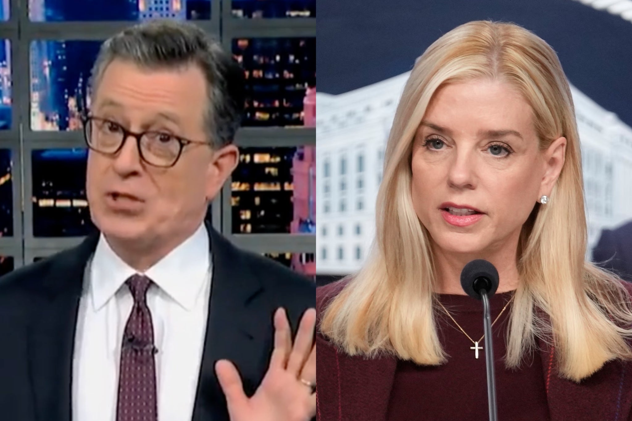 Stephen Colbert mocks Pam Bondi with an Epstein-themed farewell after Trump sacking