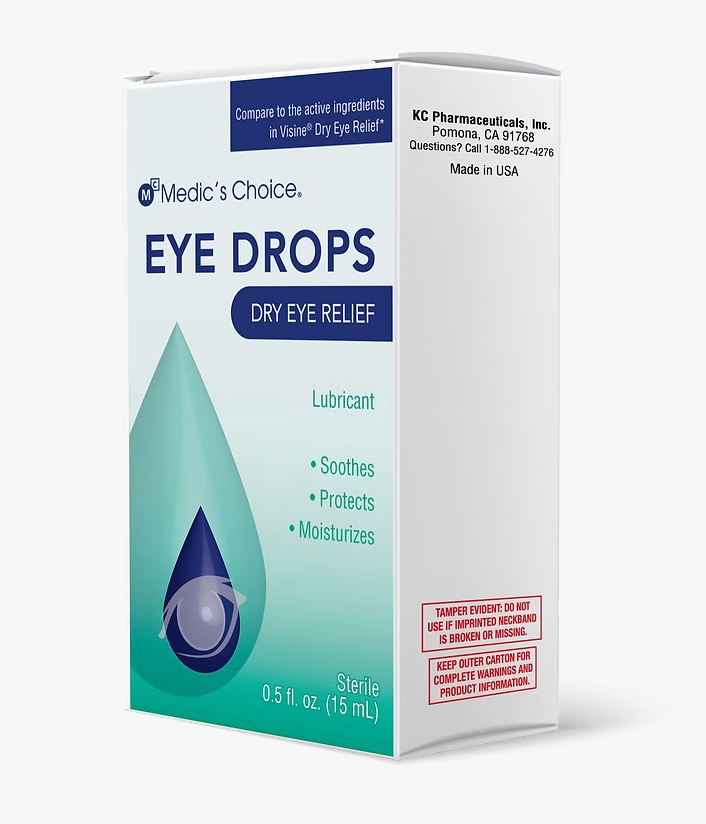An example of K.C. Pharmaceuticals eye drop packaging for dry eye relief