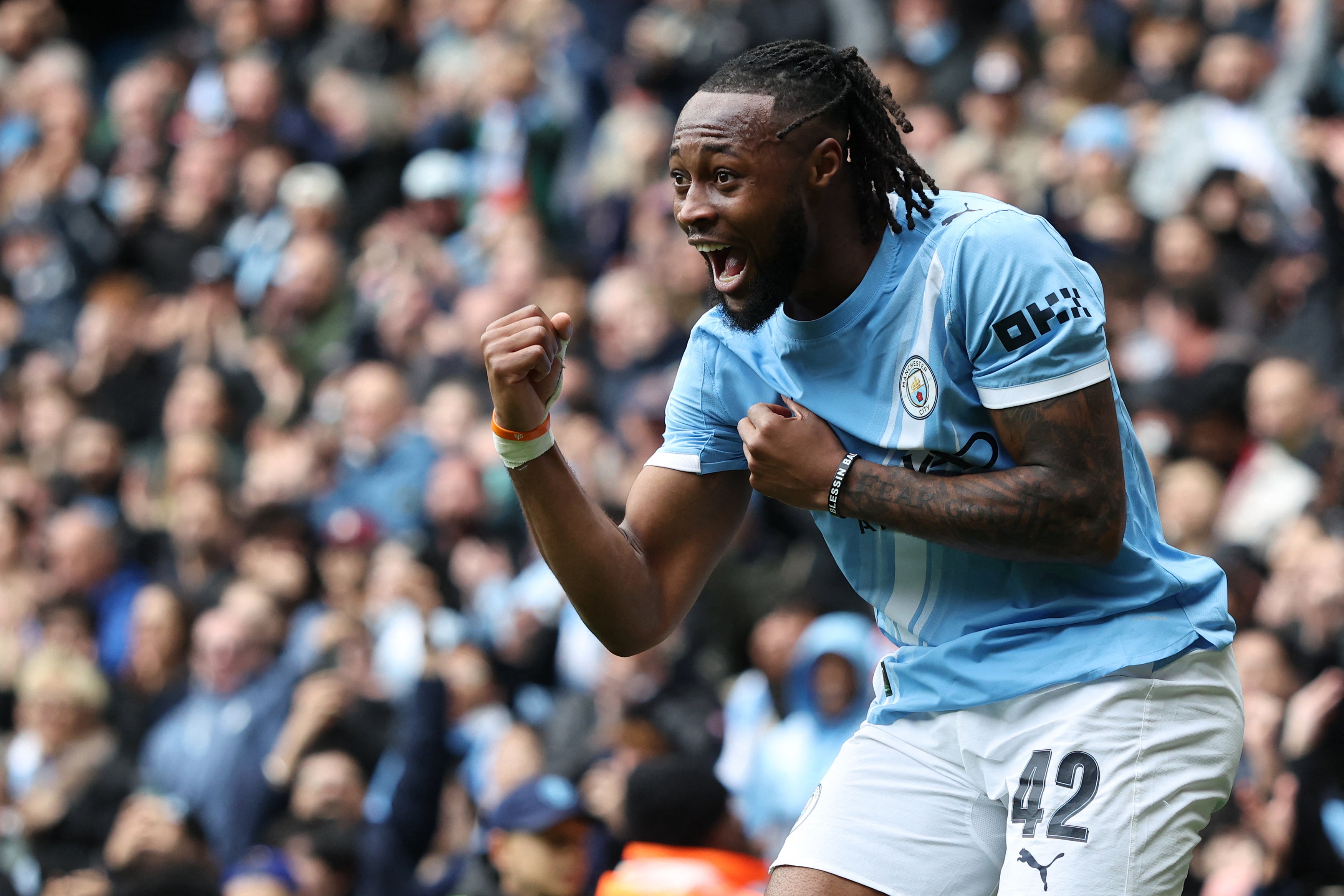 Semenyo, who Liverpool wanted to sign in January, celebrates after scoring Man City's third goal after half-time