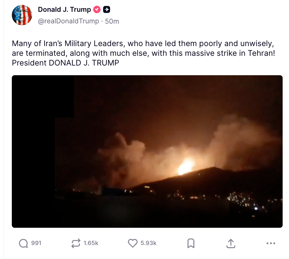 The president later shared a video purporting to show a ‘massive strike’ in Tehran. It was not immediately clear when the strike was carried out