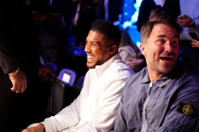 <p>Anthony Joshua, left, was ringside alongside promoter Eddie Hearn (Adam DAvy/PA)</p>