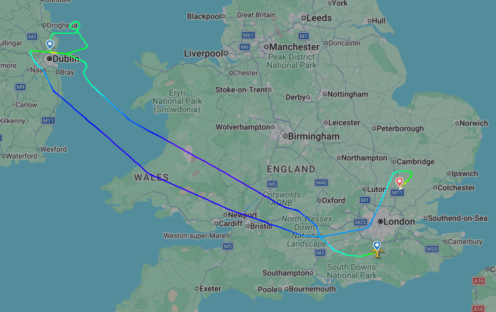 Flightpath of Ryanair flight FR117 from Gatwick to Dublin, which returned to Stansted airport