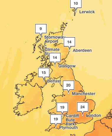 London could see highs of 24C on Wednesday, according to the Met Office