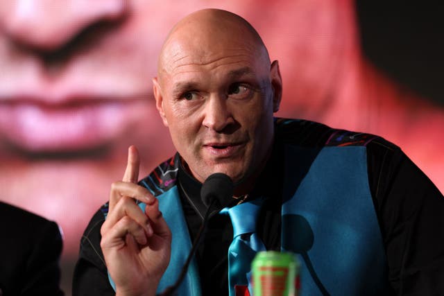 <p>Tyson Fury at the launch press conference for his fight with Arslanbek Makhmudov</p>