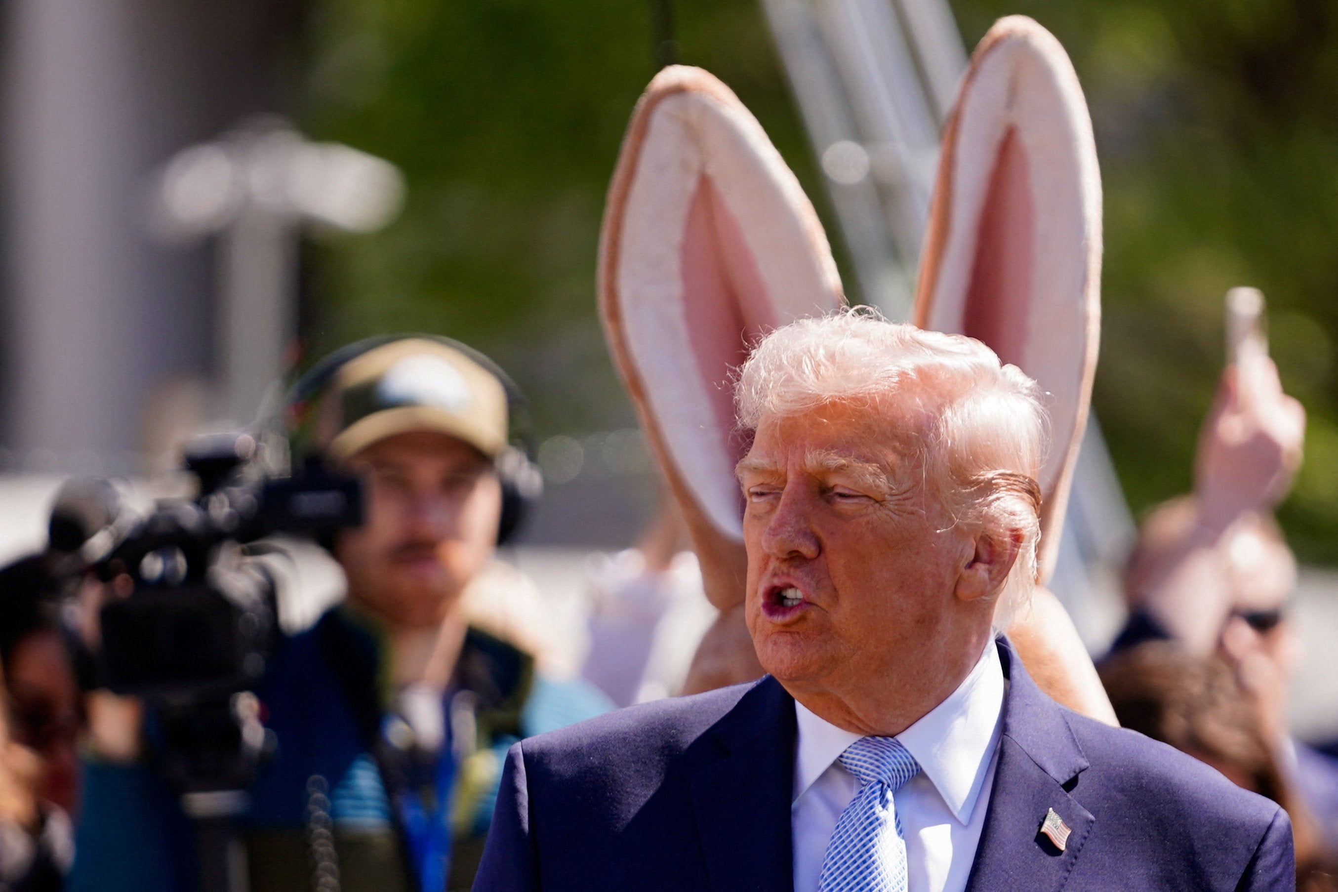 President Trump at the White House Easter Egg Roll, accompanied by the Easter Bunny