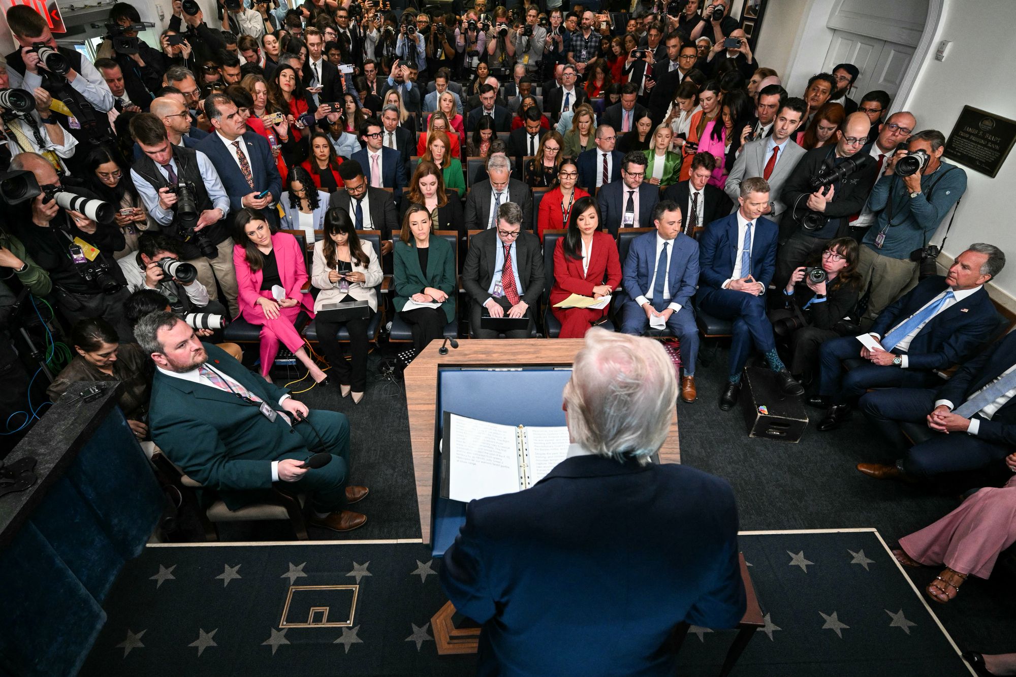 US President Donald Trump speaks about the conflict in Iran in the James S. Brady Press Briefing Room of the White House on April 6, 2026, in Washington, DC