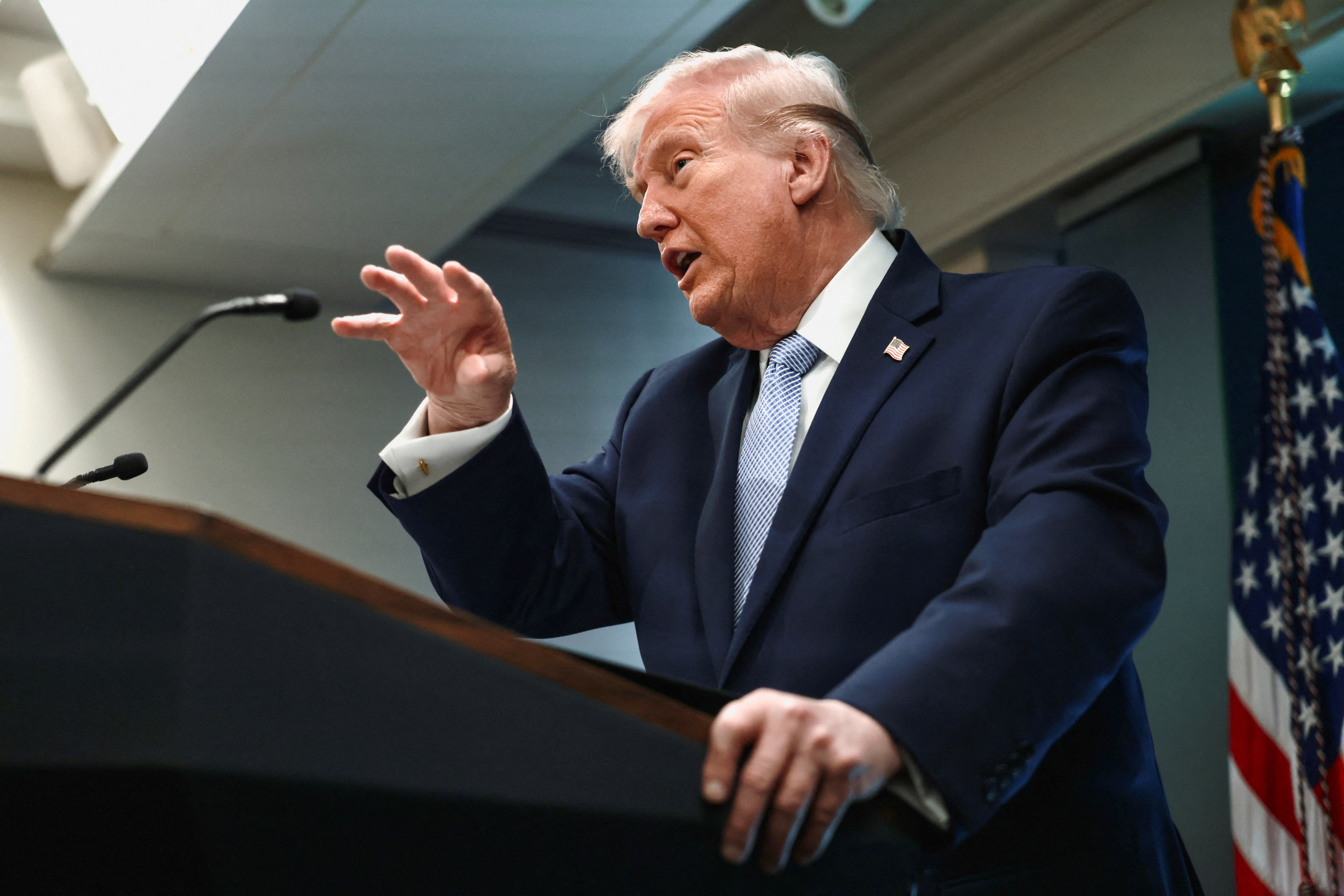 U.S. President Donald Trump gestures as he speaks during a press conference in the James S. Brady Press Briefing Room at the White House in Washington, D.C., U.S., April 6, 2026