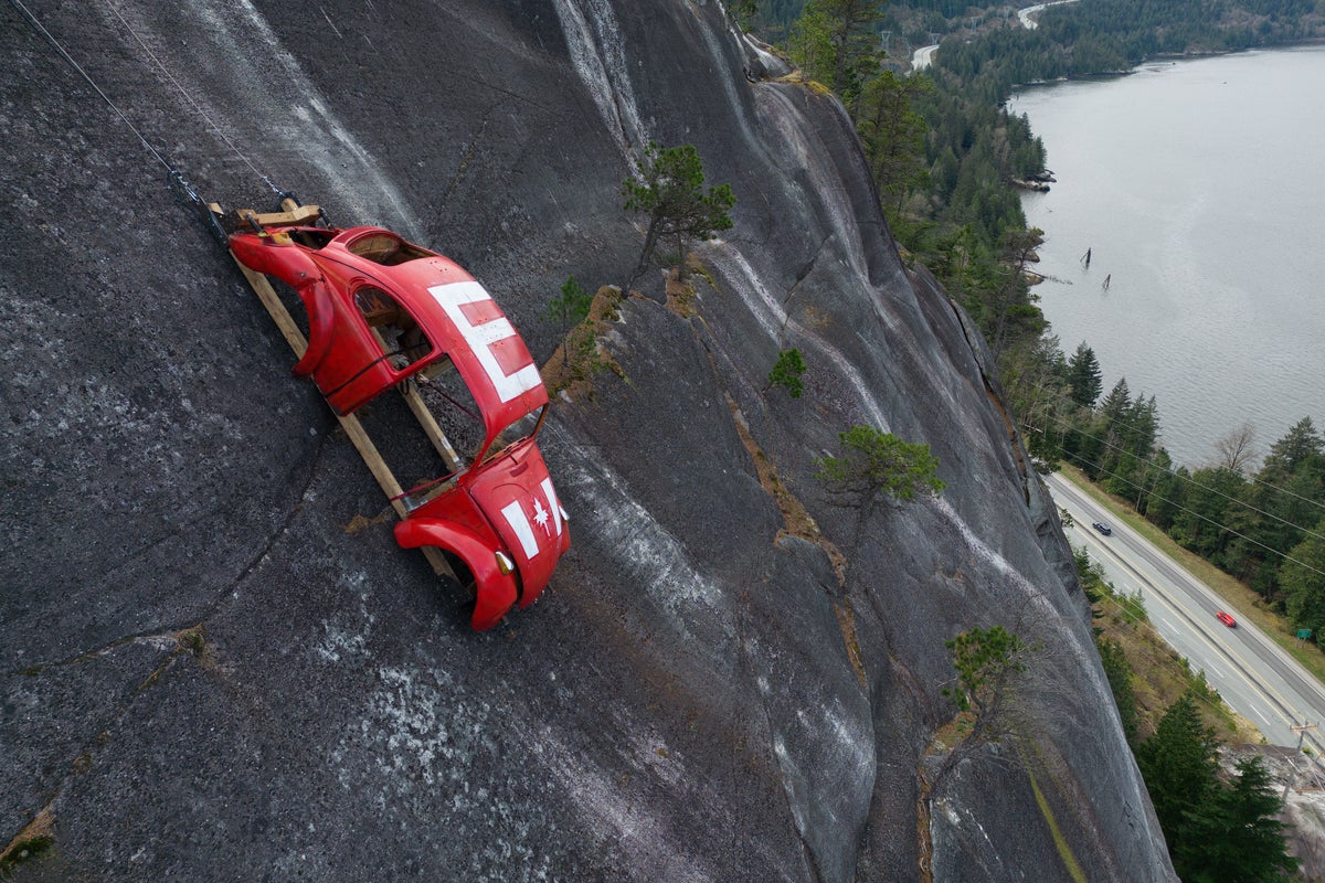 Car shell suspended on rock face above British Columbia highway in apparent prank – UK Times