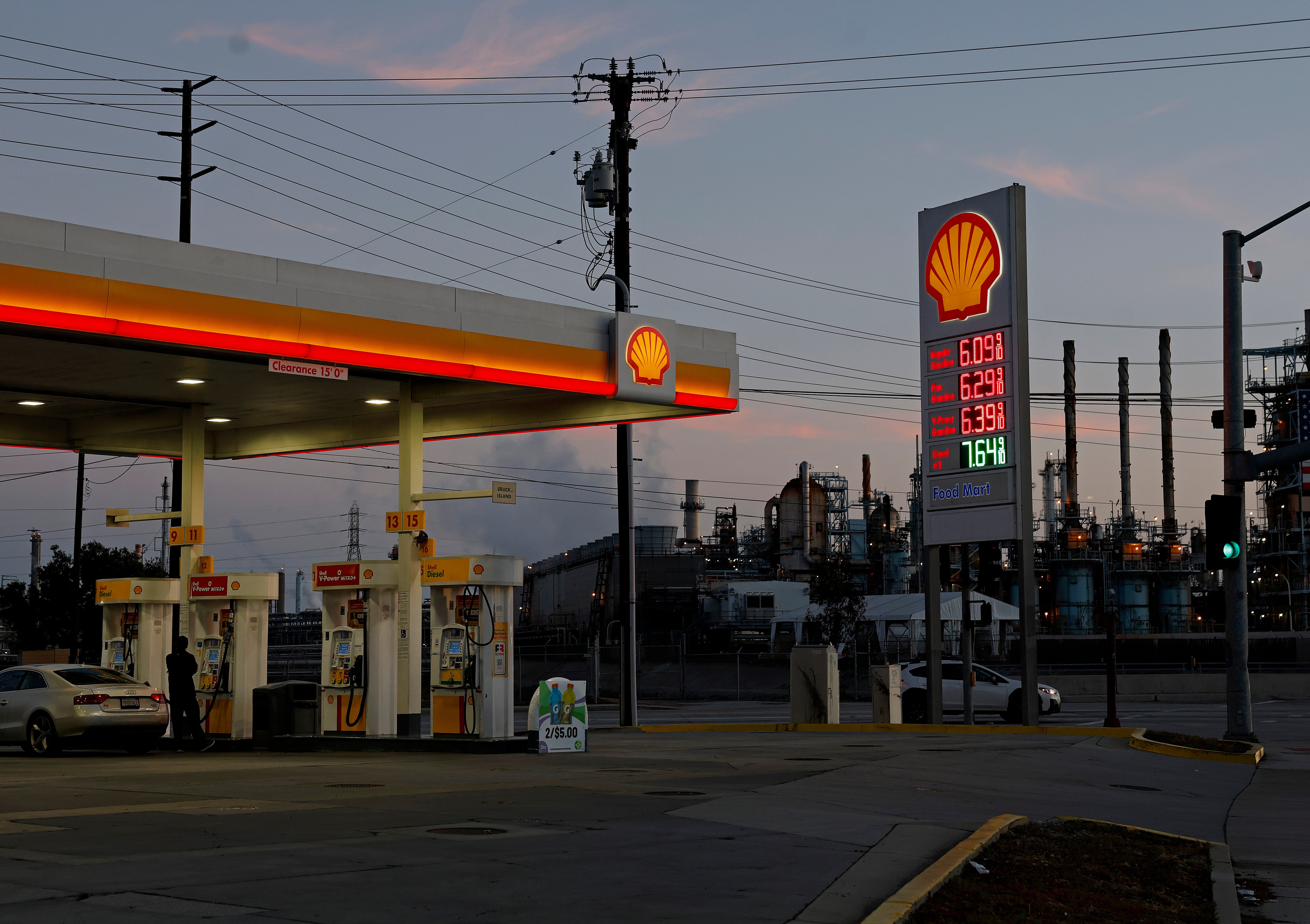 Gas prices over $6.00 are displayed at a Shell station across from the Marathon Petroleum Corp's Los Angeles Refinery on April 02, 2026 in Carson, California