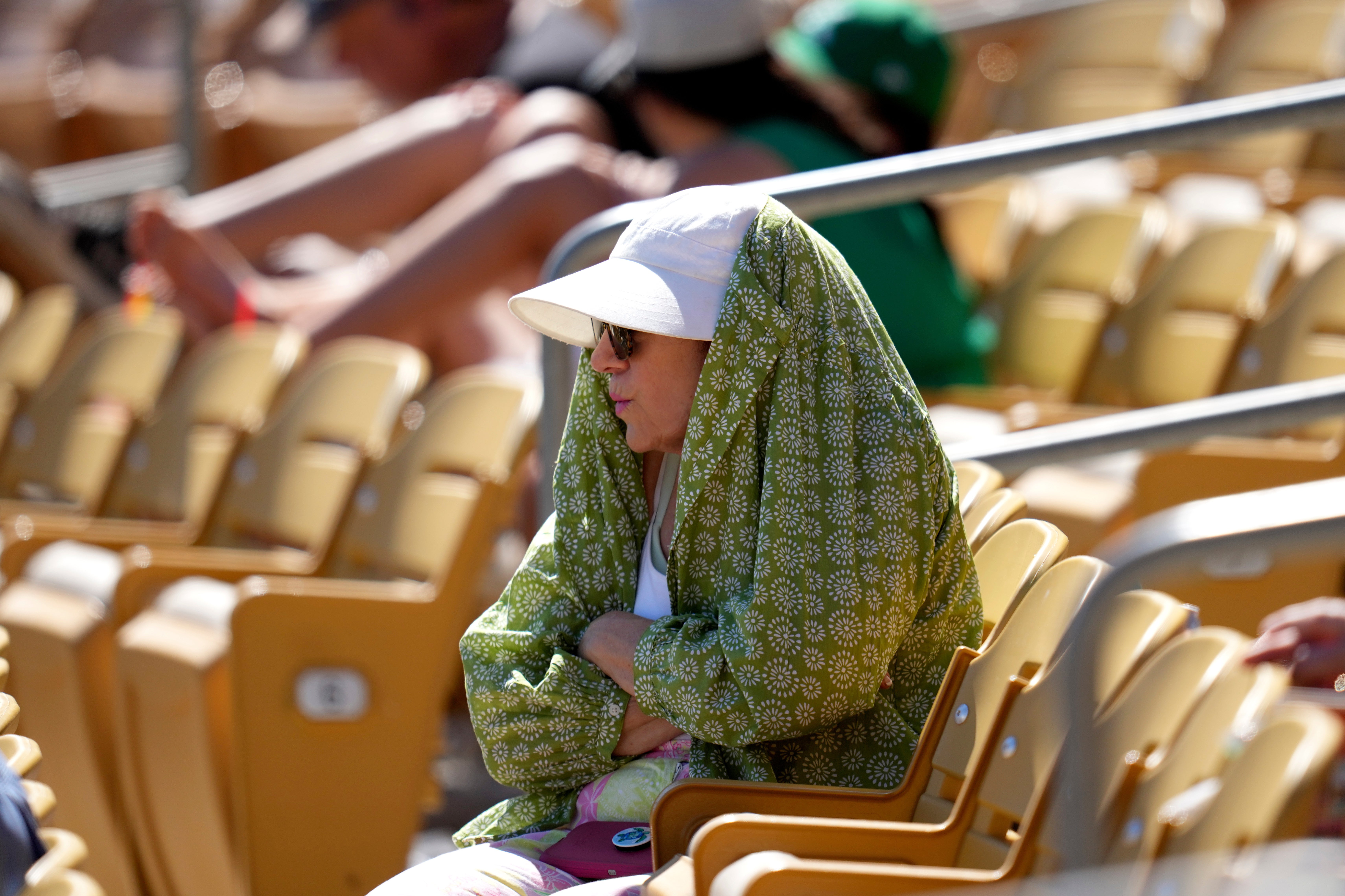 A baseball fan tries to shield from the sun during the fourth inning of a spring training baseball game between the Chicago White Sox and the Athletics.