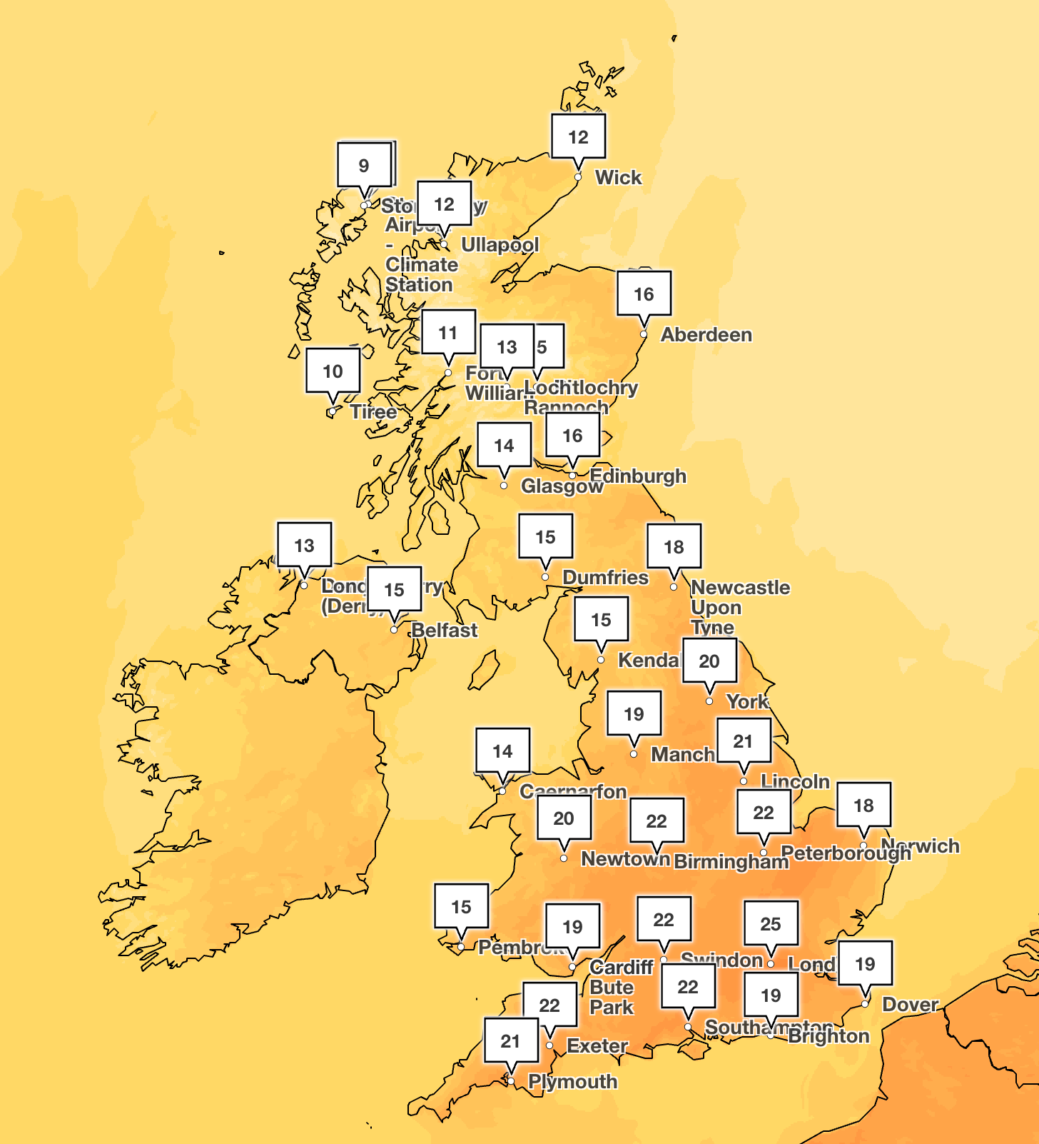 Met Office temperature forecast for England, Wednesday 8 April, 17:00
