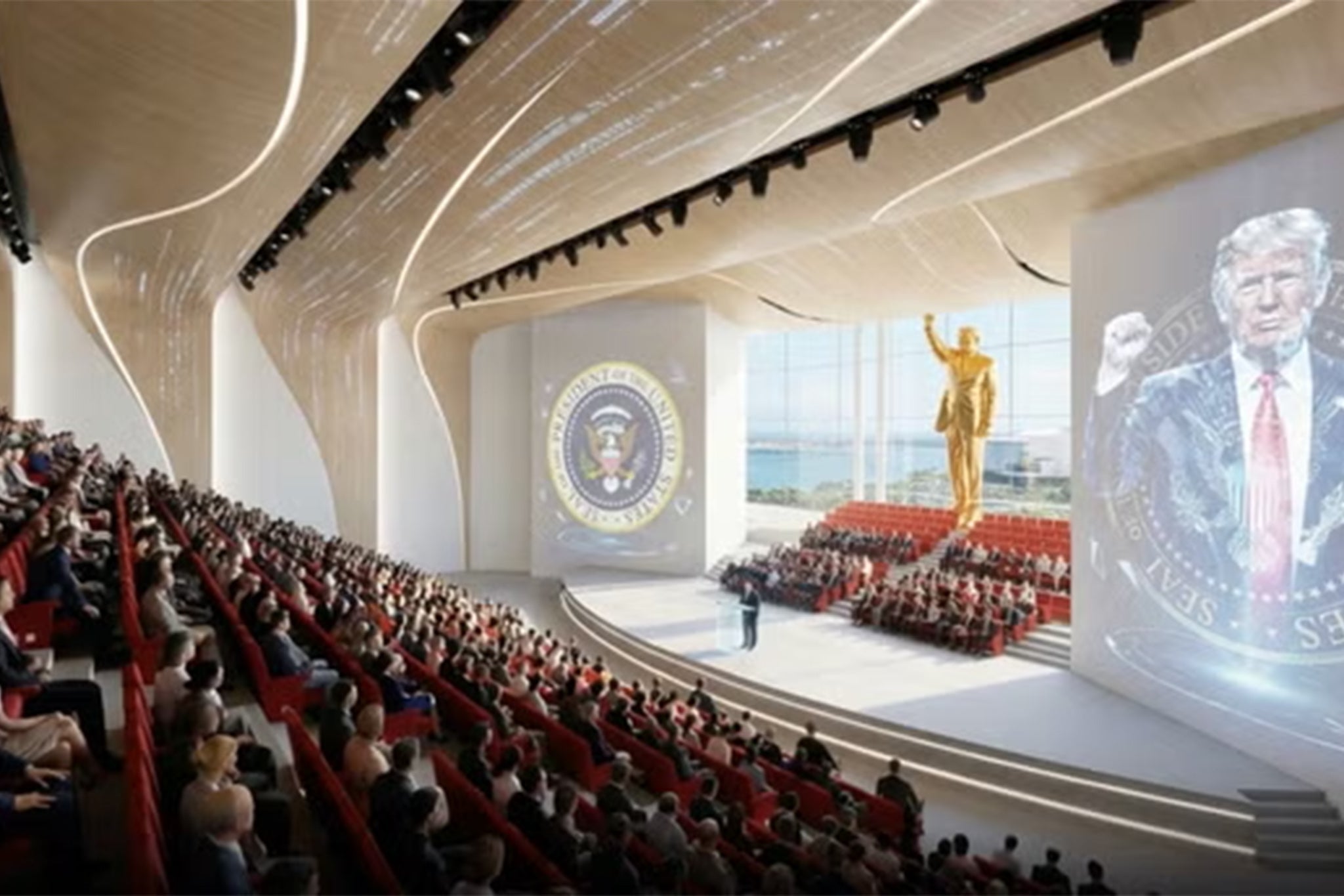 Proposed designs for the Trump Presidential Library, which appears to be a skyscraper hotel in Miami, include a gold statue of the president raising his fist