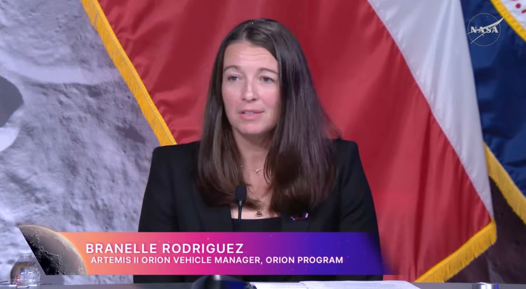 Branelle Rodriguez, the Artemis II Orion vehicle manager, speaks to reporters at NASA’s Johnson Space Center on Thursday