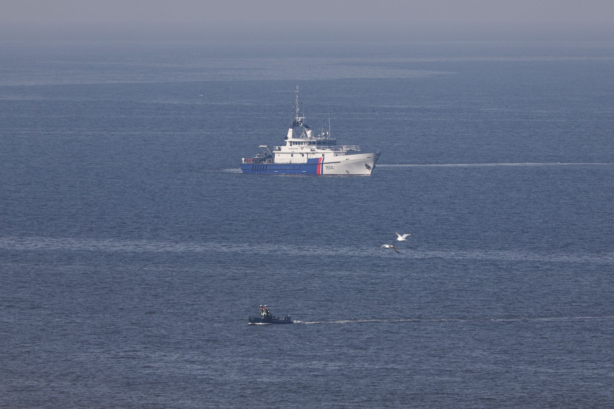 A vessel from the Maritime Affairs Department sailing off France's Pas-de-Calais northern coastal city of Equihen-Plage on Thursday