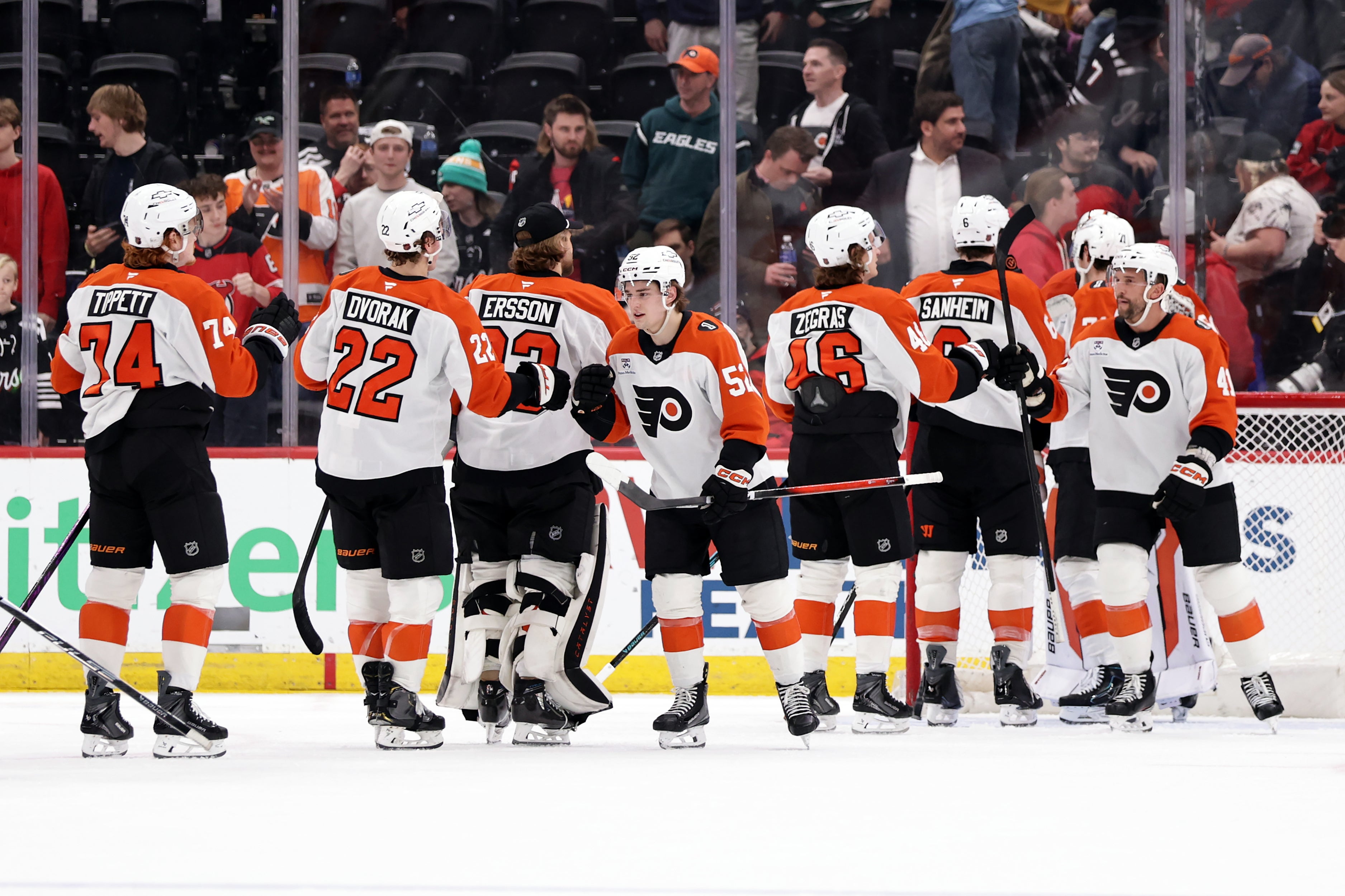 Flyers celebrating making it to the playoffs after defeating the Chicago Blackhawks