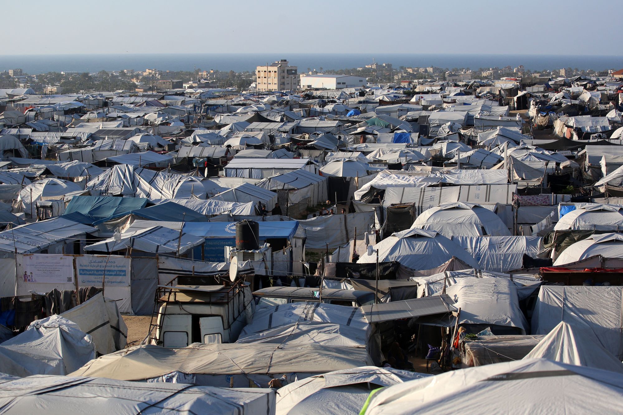 A makeshift camp for displaced Palestinians in Khan Yunis, in the southern Gaza Strip on April 10, 2026. The majority of Gaza's 2.4 million people have been displaced, often multiple times, by the war that began with Hamas's attack on southern Israel on October 7, 2023