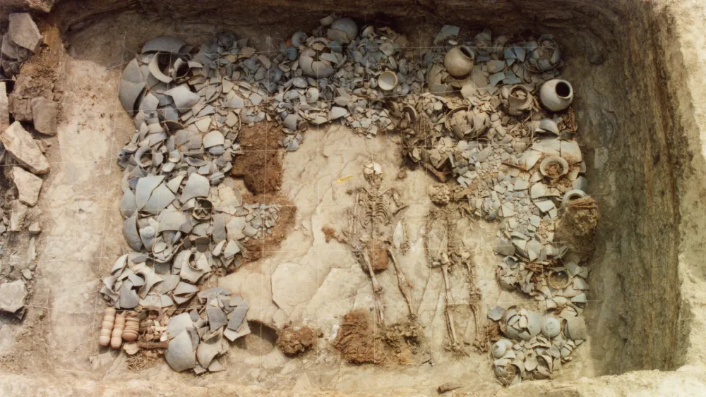 Human skeletons found during excavation of an ancient burial site from the Apdok Kingdom, a part of the Three Kingdoms period in Korea