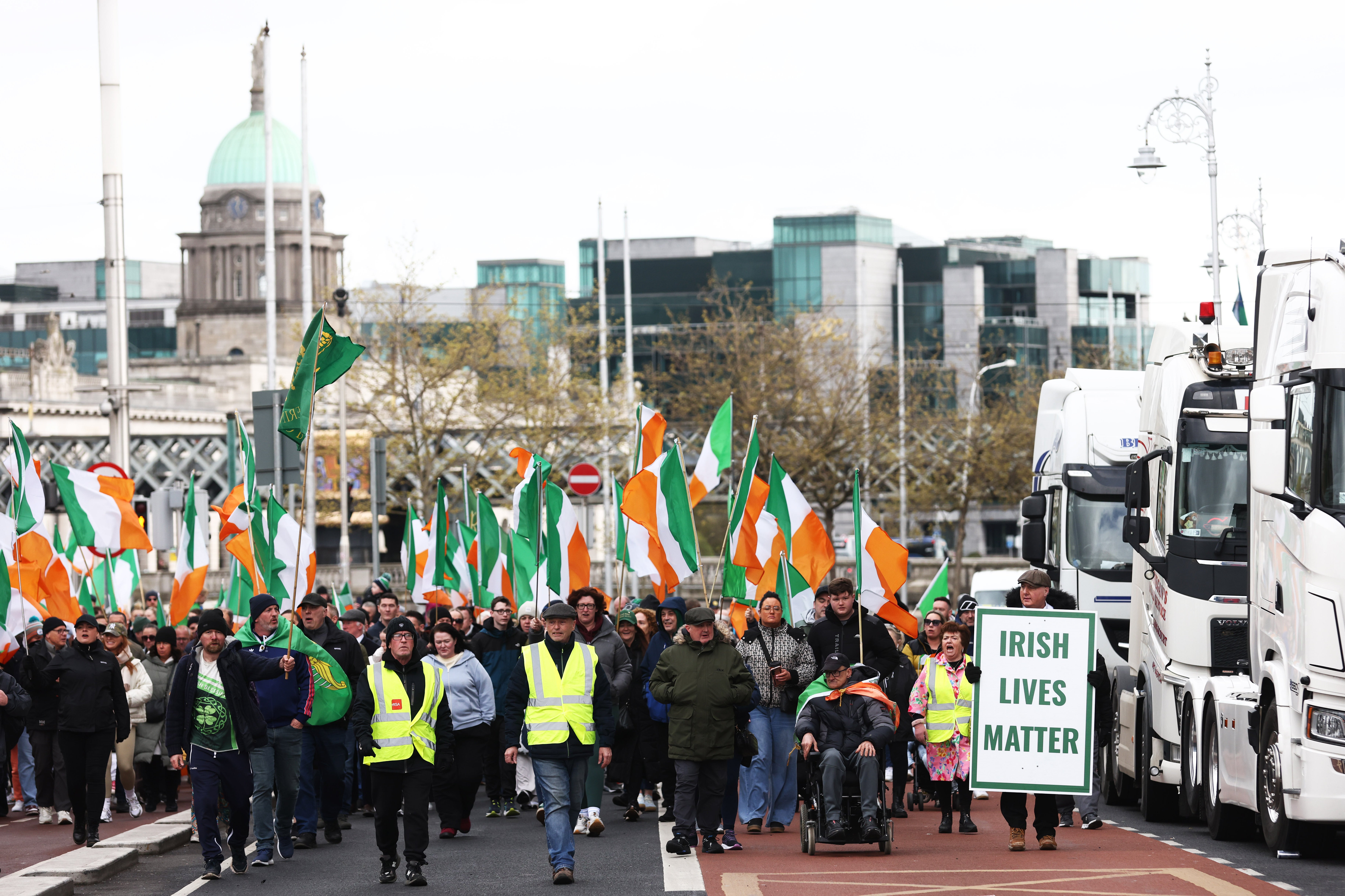 Protesters make their way to O'Connell Street on Saturday during a fuel protest in Dublin, Ireland