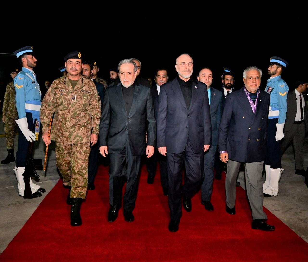 The Iranian delegation led by parliament speaker Mohammad Baqer Qalibaf and foreign minister Abbas Araqchi is welcomed by Pakistan's chief of army staff Asim Munir and minister for foreign affairs Mohammad Ishaq Dar, as Pakistan prepares to host the US and Iran for peace talks, in Islamabad