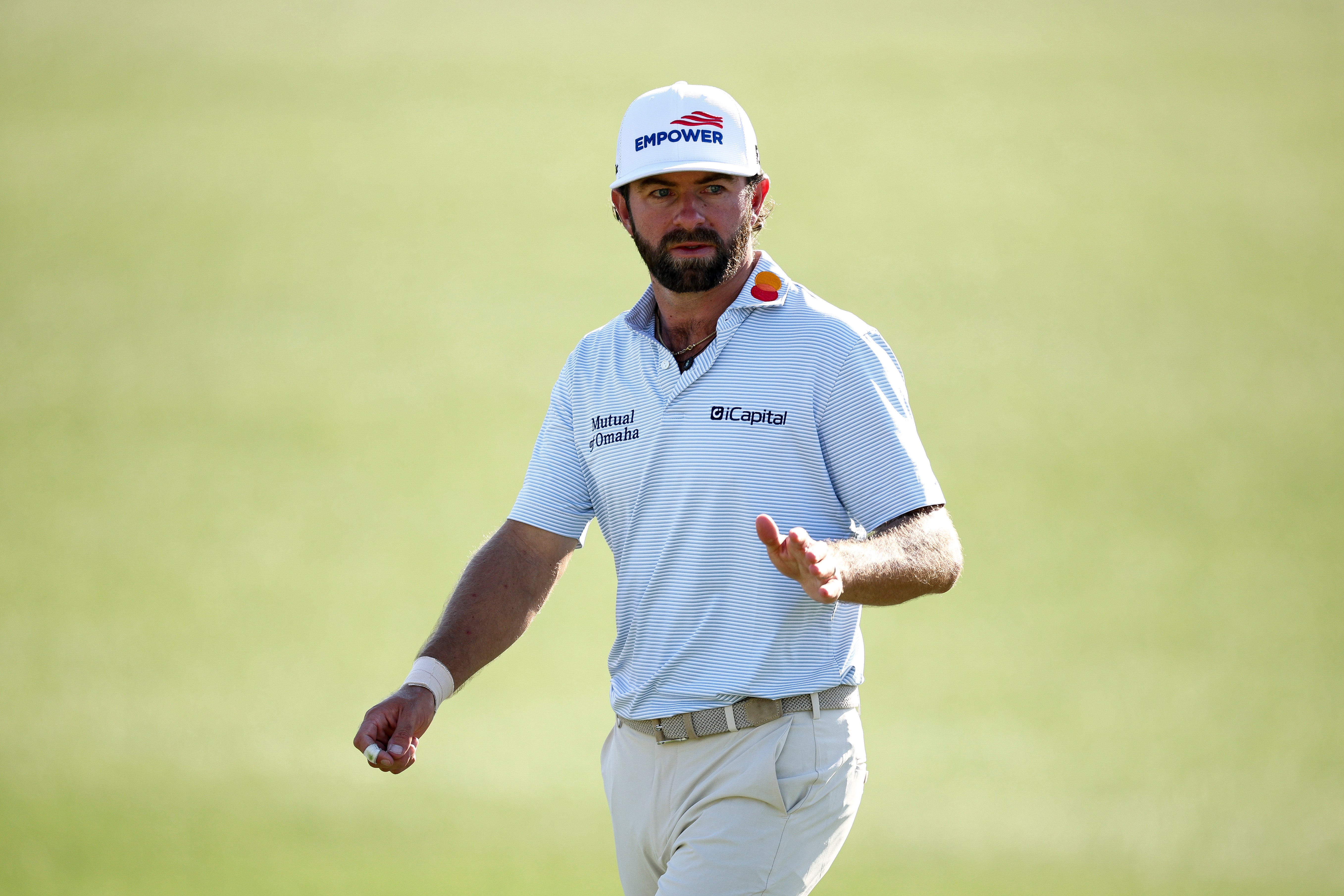 Cameron Young of the United States reacts on the 17th green