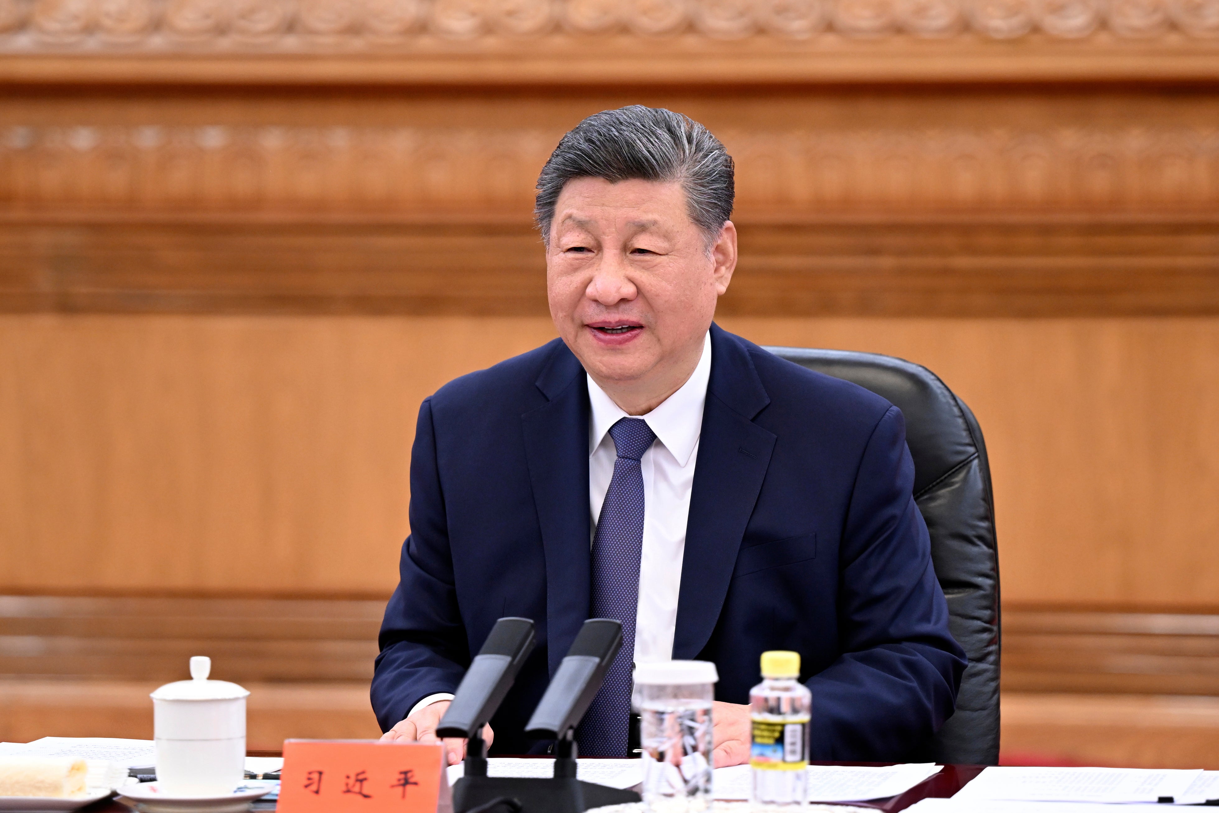 Chinese President Xi Jinping, speaks during a meeting with Kuomintang (KMT) party leader Cheng Li-wun