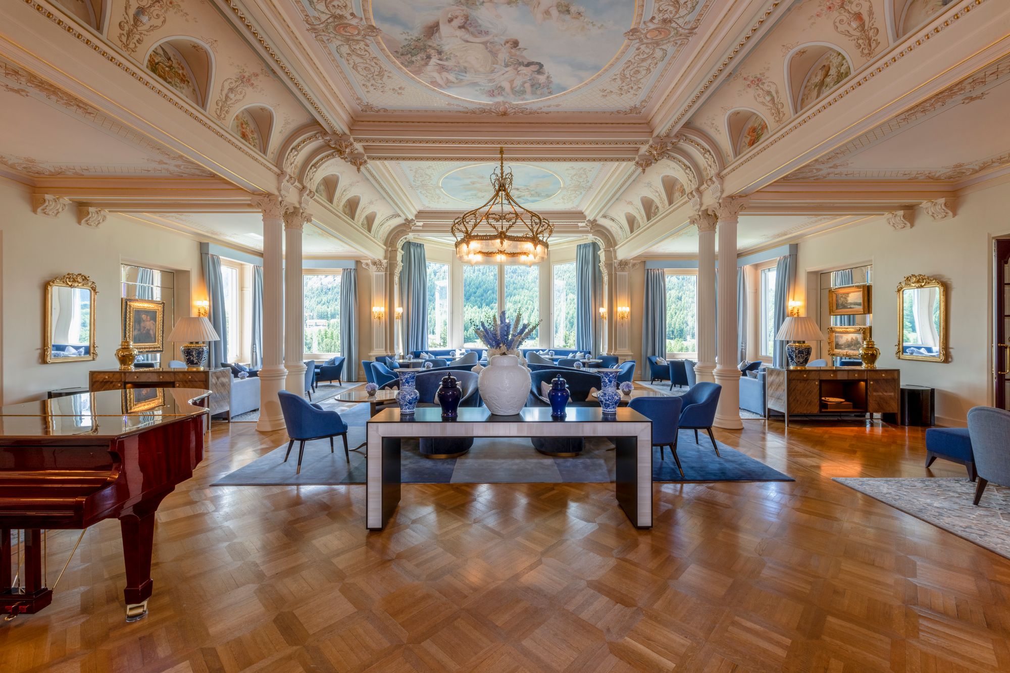Grand Hotel Kronenhof's beautiful lobby lounge, complete with crown-shaped chandelier