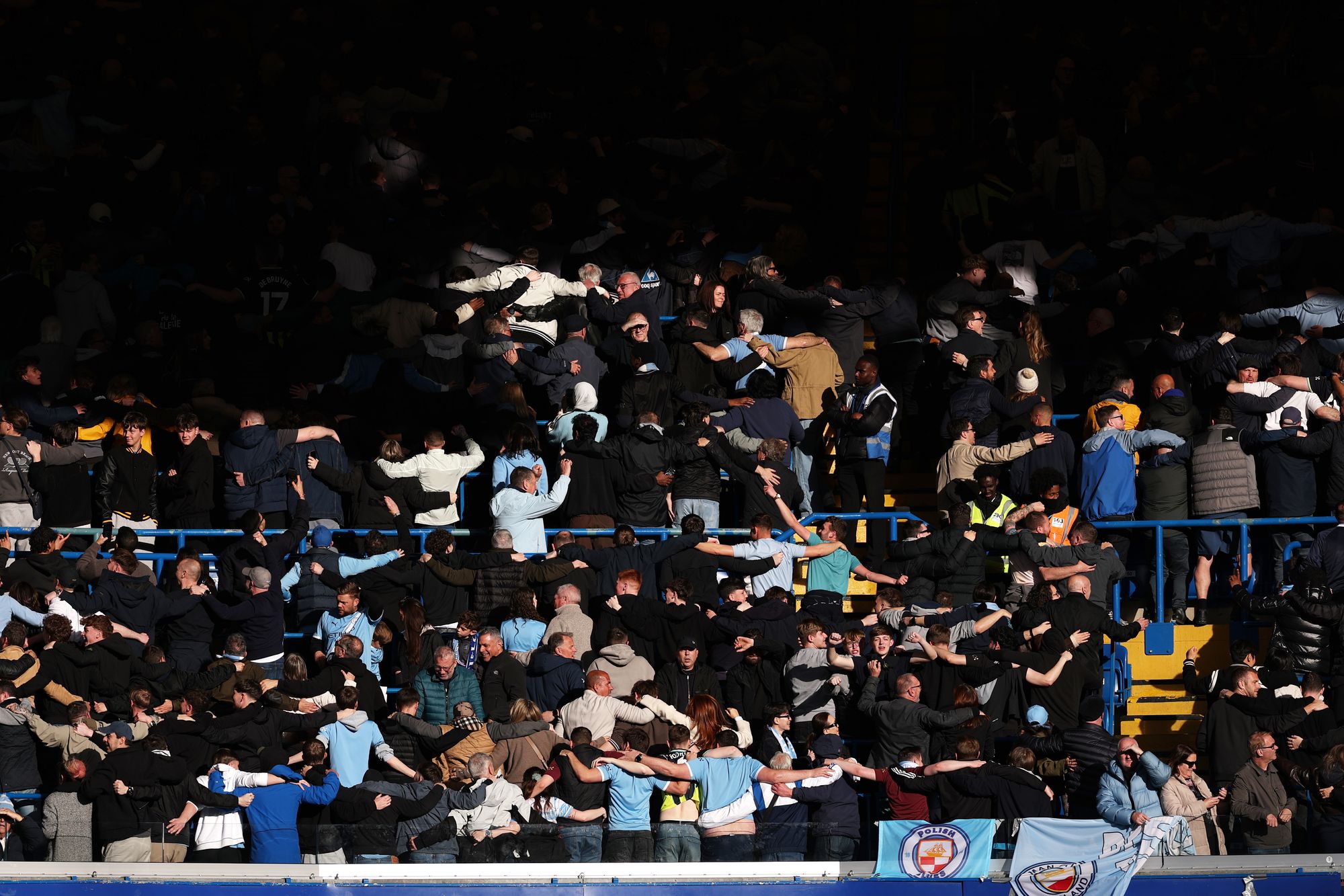 Man City fans do the ‘Poznan’ as they celebrate their side’s dominance against Chelsea